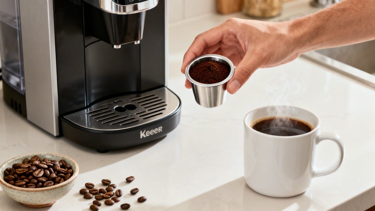 Keeer coffee maker with reusable pod, coffee beans, and a cup of freshly brewed coffee.
