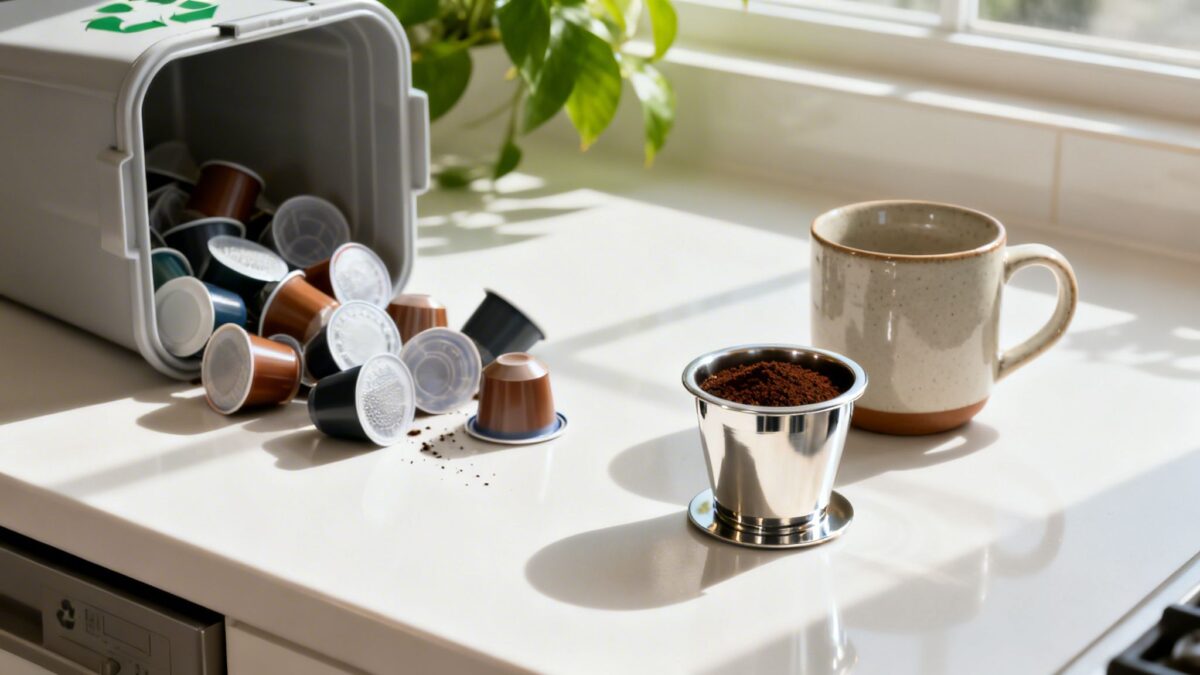 Woman in tree pose practicing online yoga at home