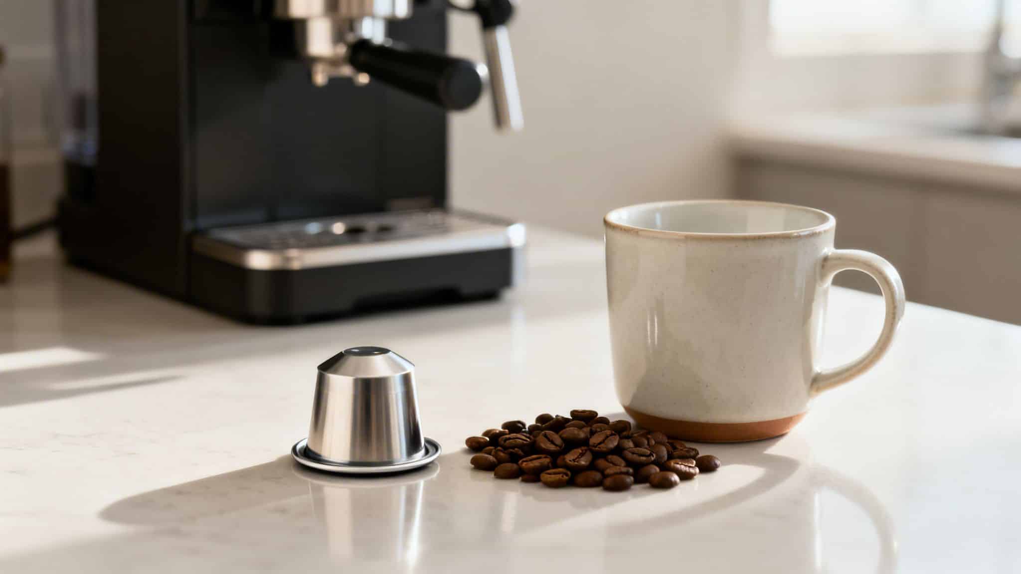 A coffee machine on a counter with a reusable coffee pod, roasted coffee beans, and a ceramic mug.