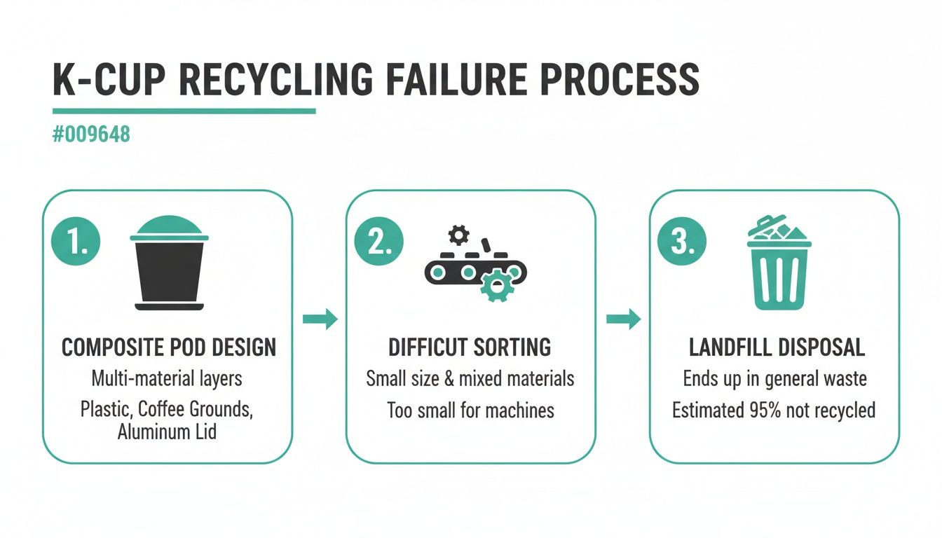 Infographic showing the three-step K-cup recycling failure process from design to landfill disposal.