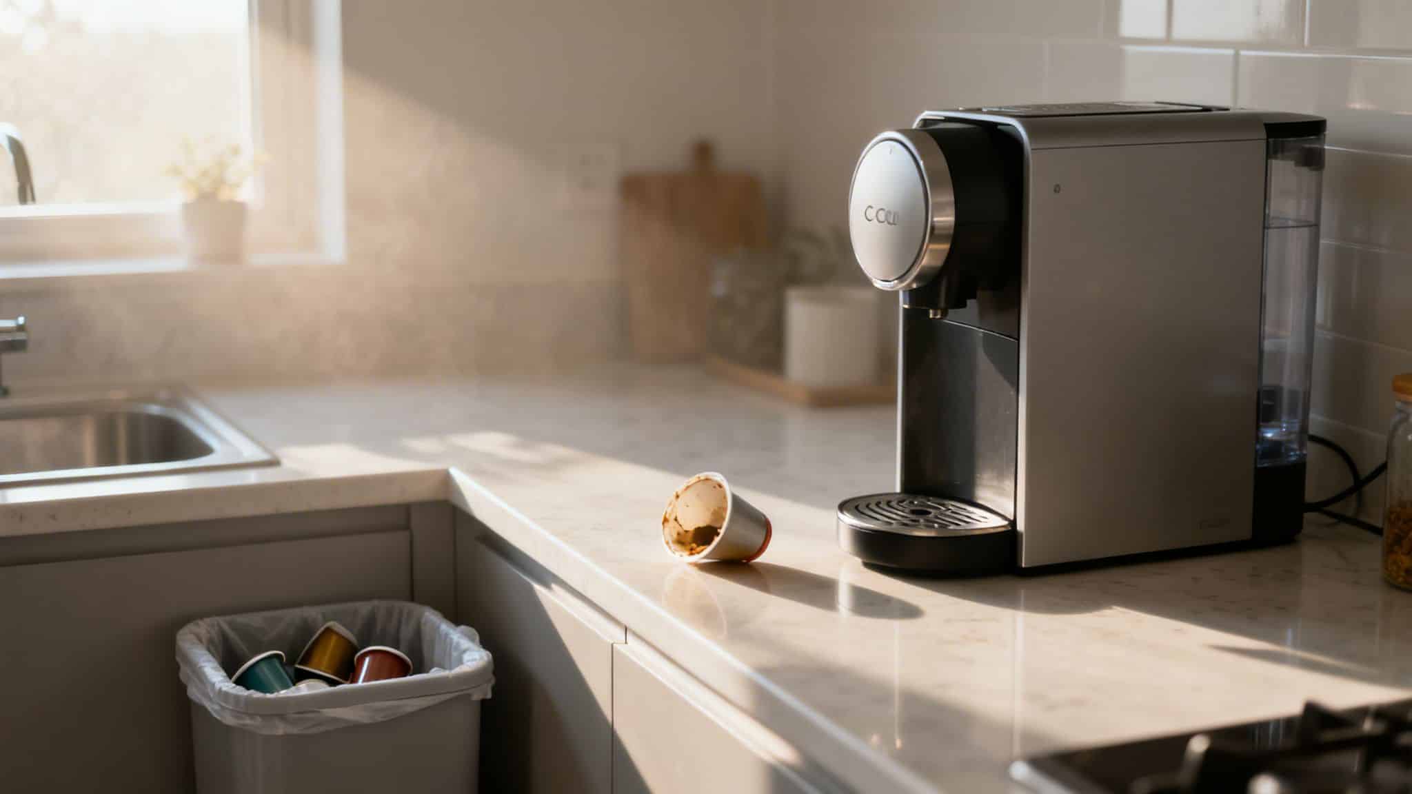 Bright kitchen counter with a coffee maker, a discarded K-cup pod, and a bin of used pods.