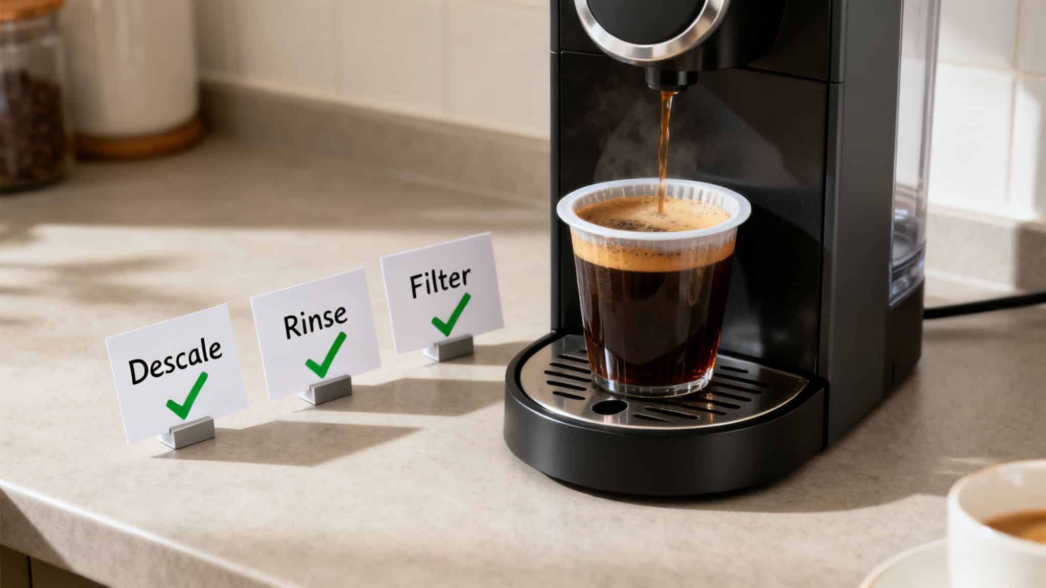 Coffee machine brewing into a cup, with 'Descale,' 'Rinse,' and 'Filter' checklist cards for maintenance.