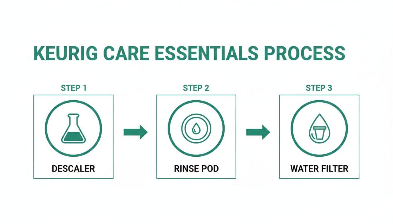 A diagram illustrates the Keurig care essentials process with steps for Descaler, Rinse Pod, and Water Filter.