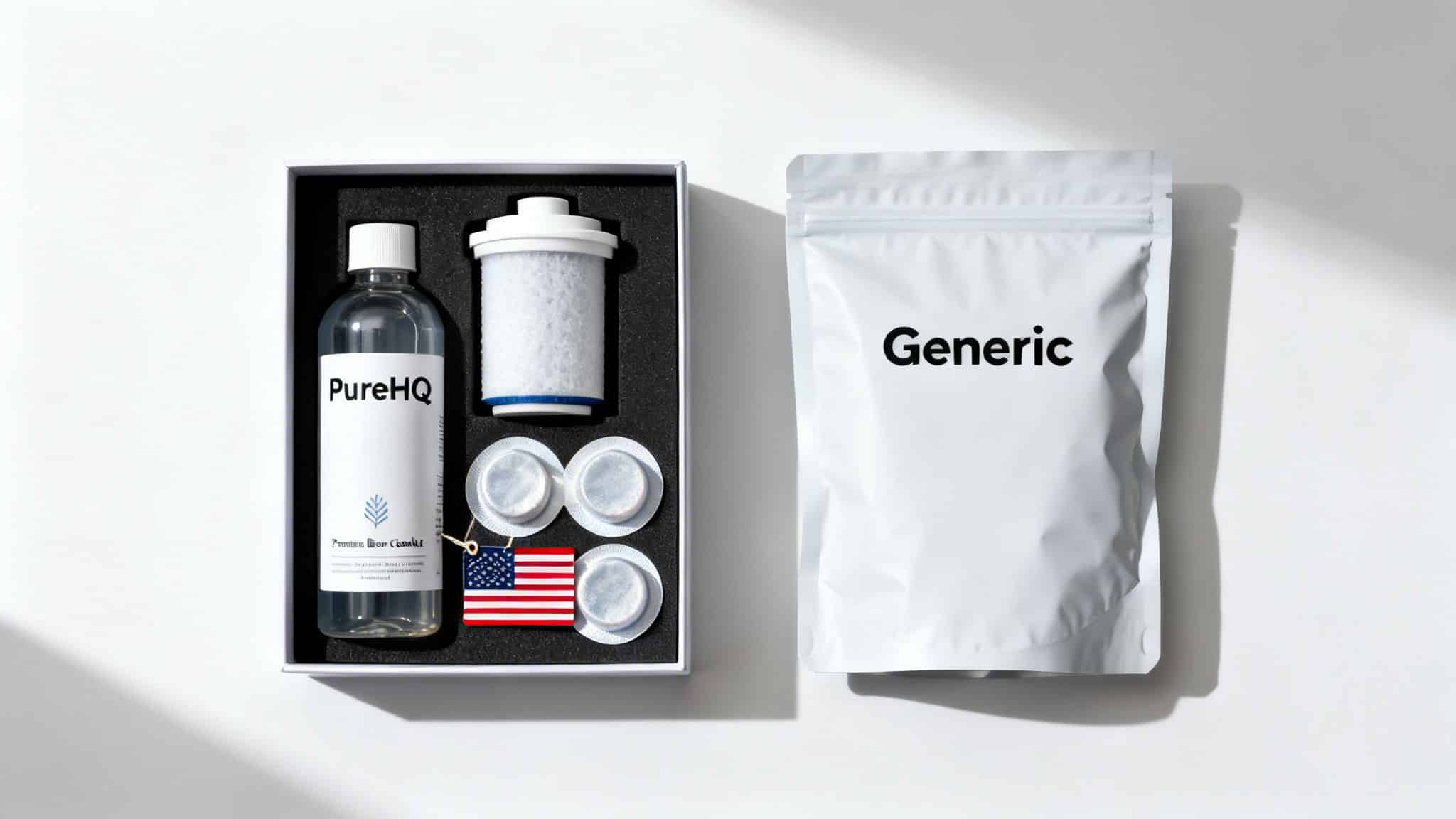 A Keurig brewer care kit displayed with PureHQ cleaning solution, a filter, pods, and a generic pouch.