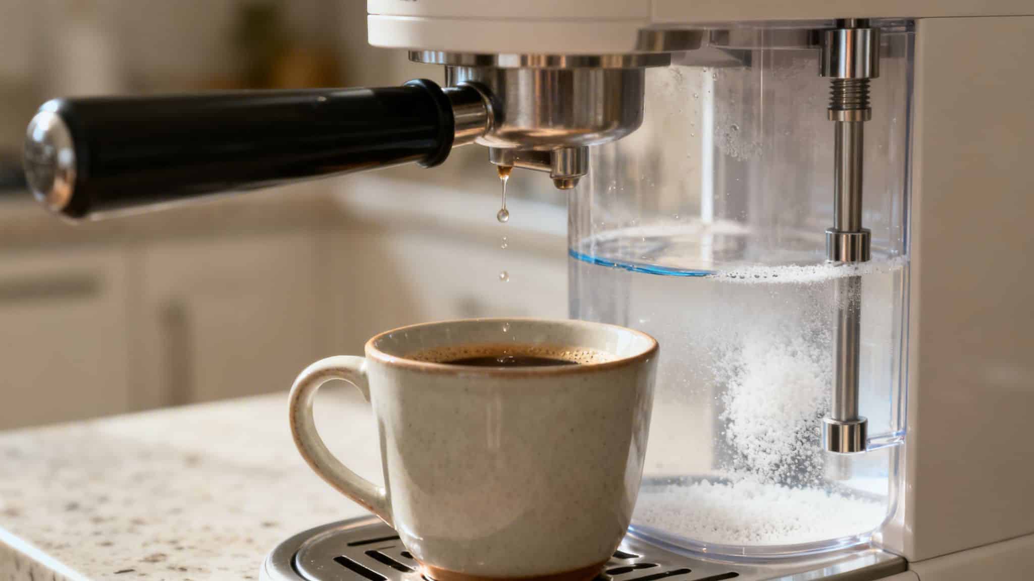 Close-up of an espresso machine brewing coffee into a speckled ceramic mug on a kitchen counter.