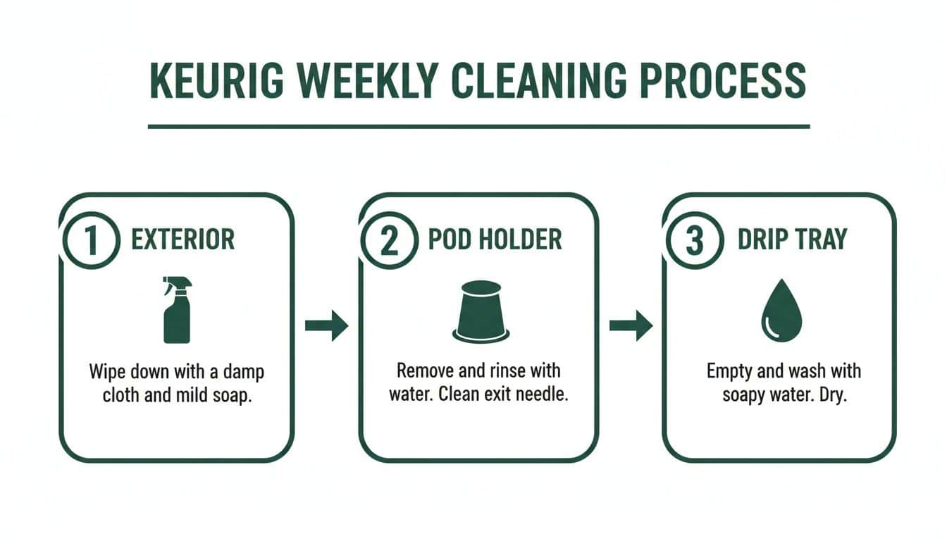 Three-step guide for Keurig coffee maker weekly cleaning, including exterior, pod holder, and drip tray.