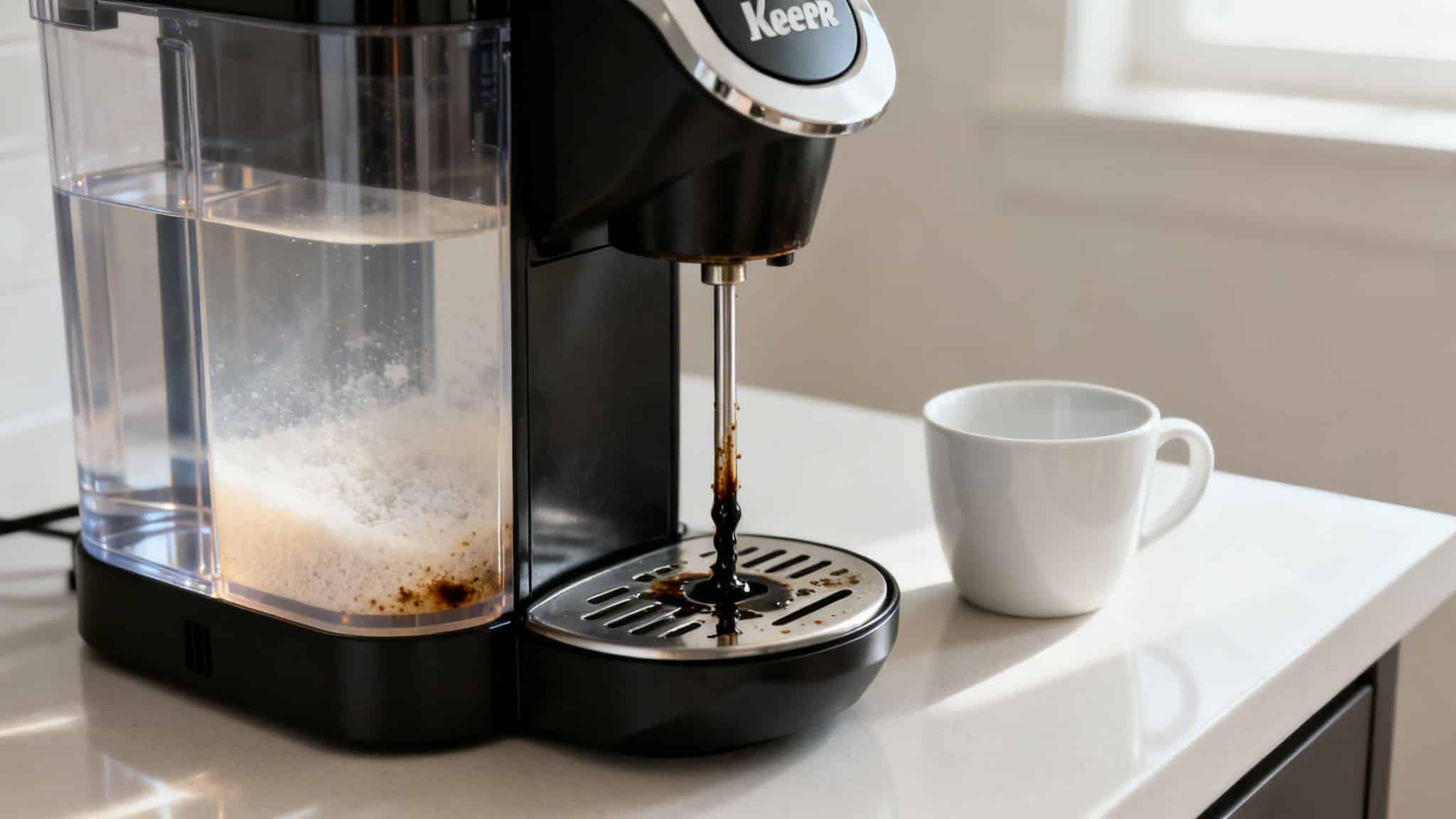 A black Keeper coffee maker dispensing coffee, showing a foamy water reservoir and spilled coffee.