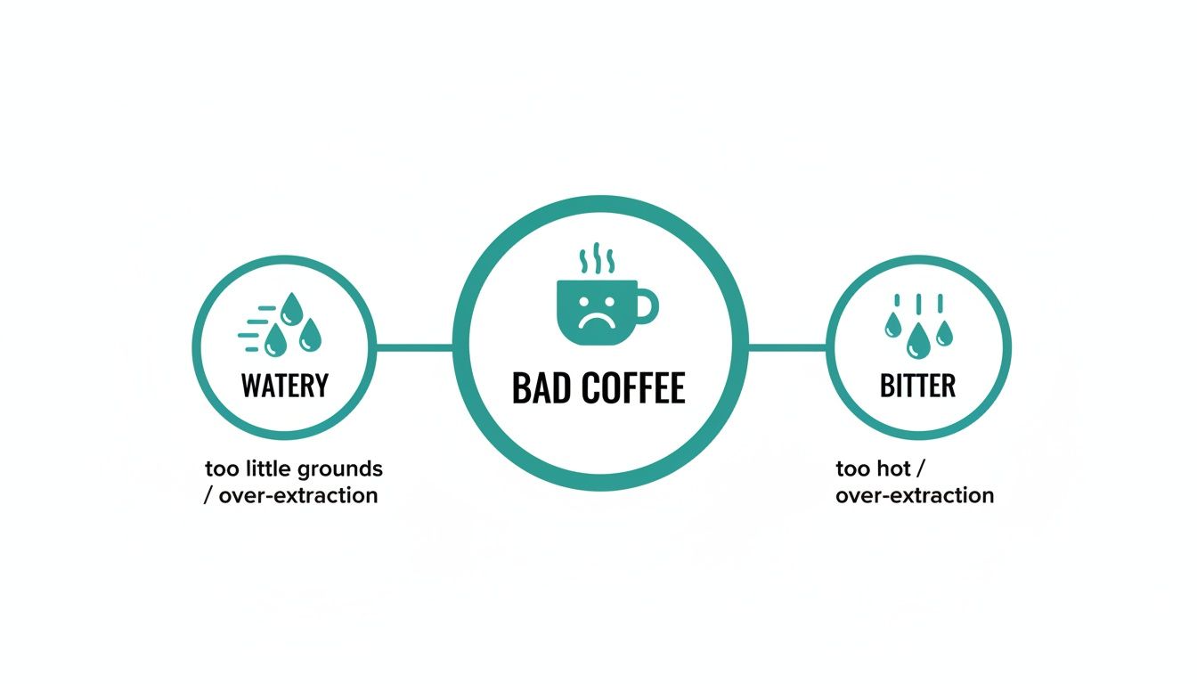 Infographic illustrating common causes of bad coffee, including watery and bitter tastes from over-extraction.