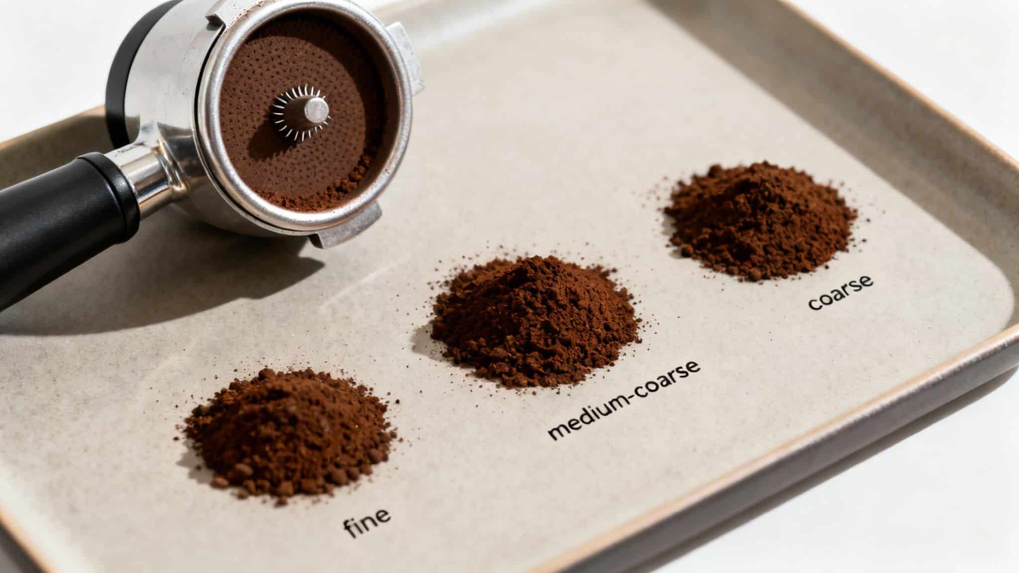 Three piles of coffee grounds showing fine, medium-coarse, and coarse grinds next to a portafilter.