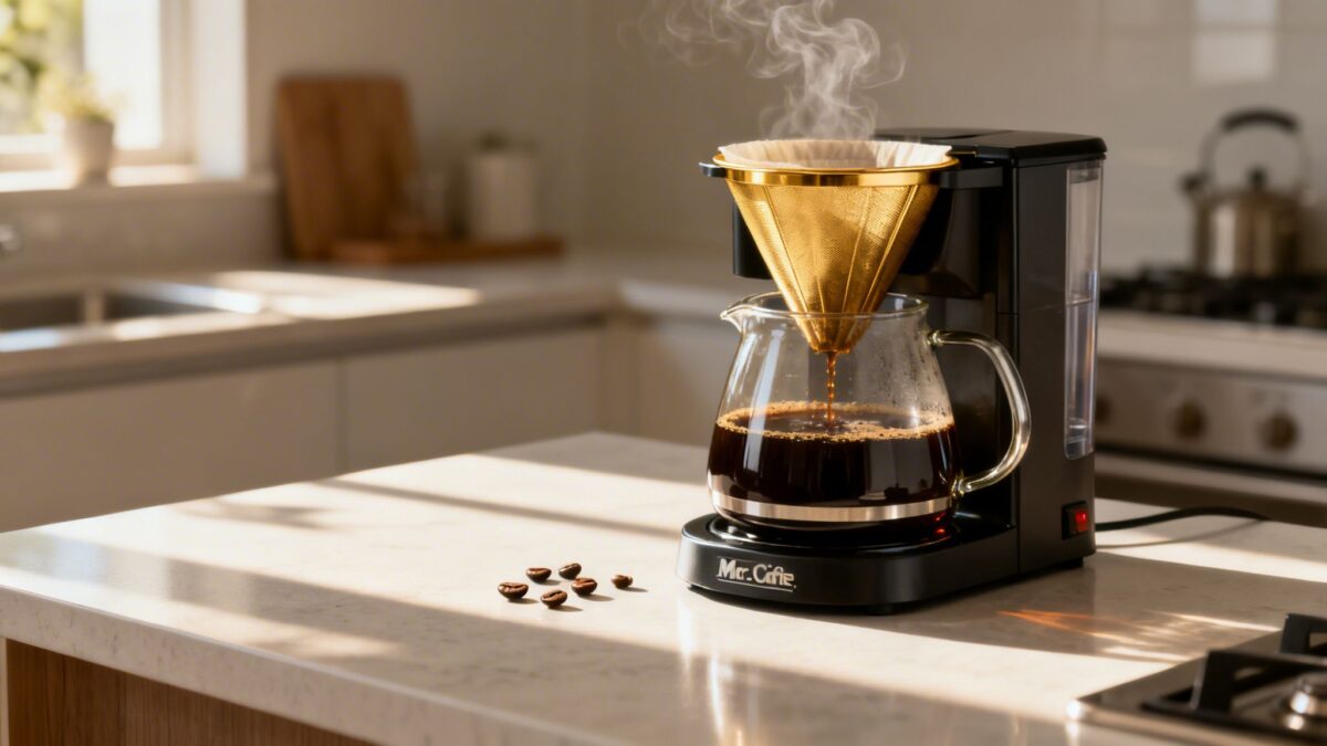 Mr. Coffee maker brewing into a glass carafe with a reusable gold filter on a kitchen counter.