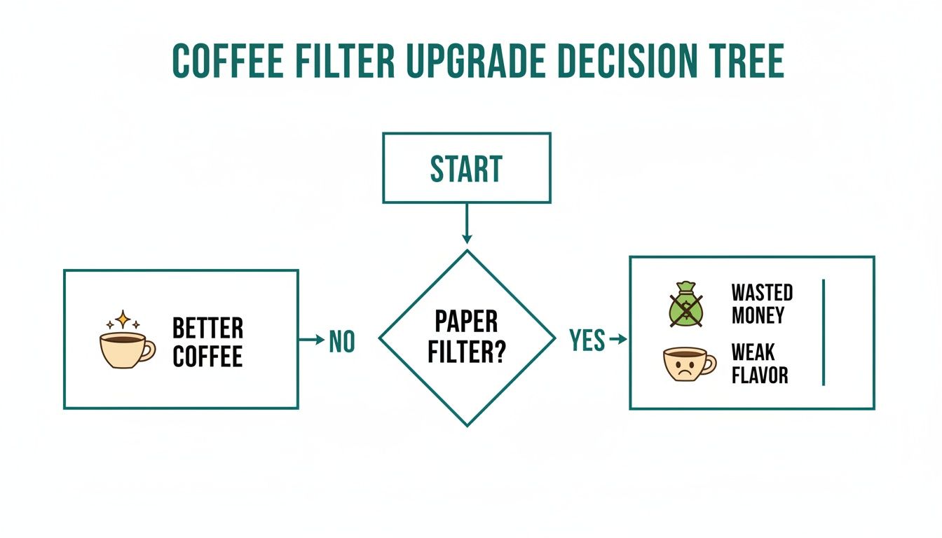 A coffee filter upgrade decision tree showing outcomes of using or not using paper filters.