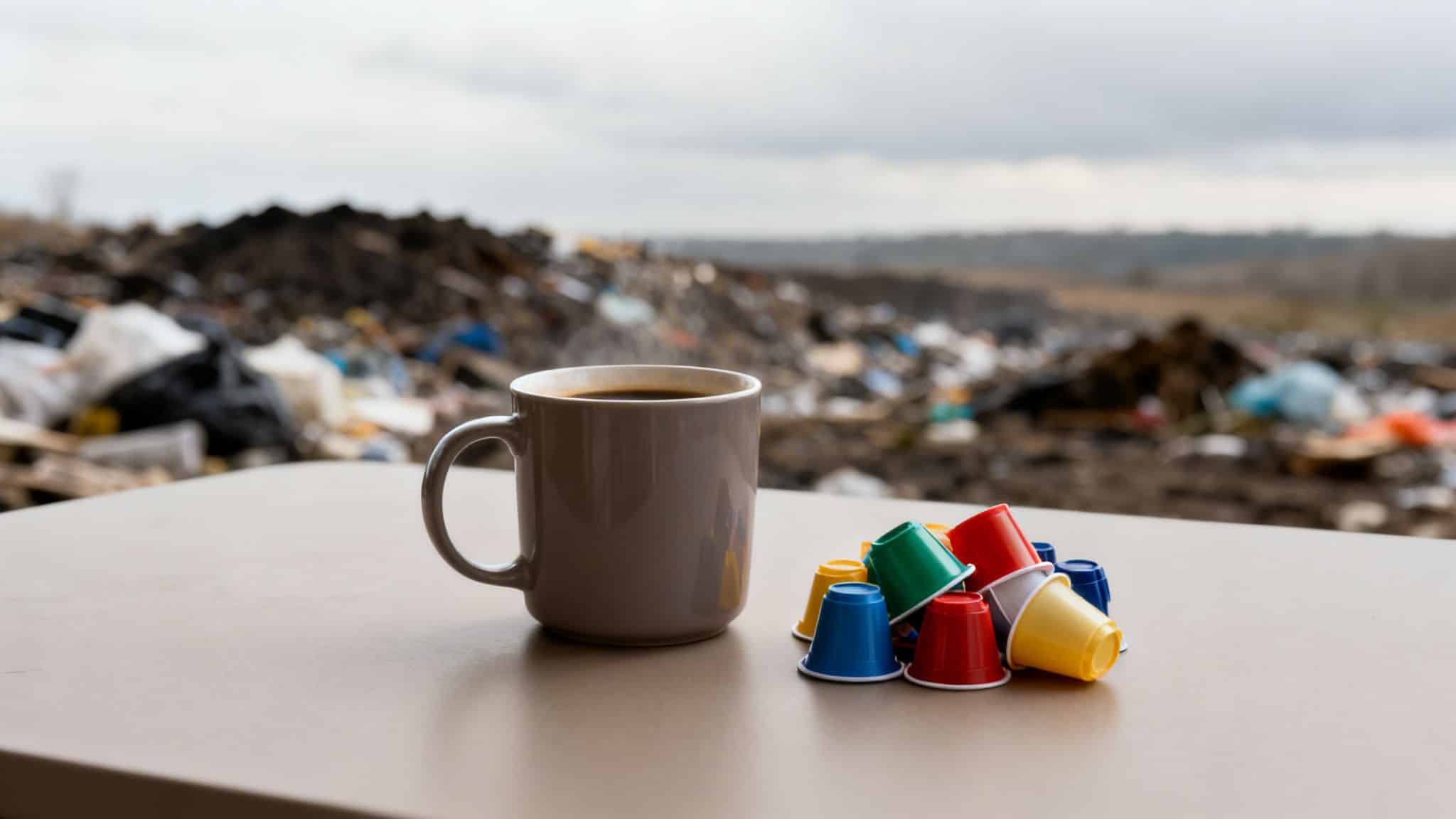 Steaming coffee mug next to colorful plastic K-cups, with a blurry garbage dump background.