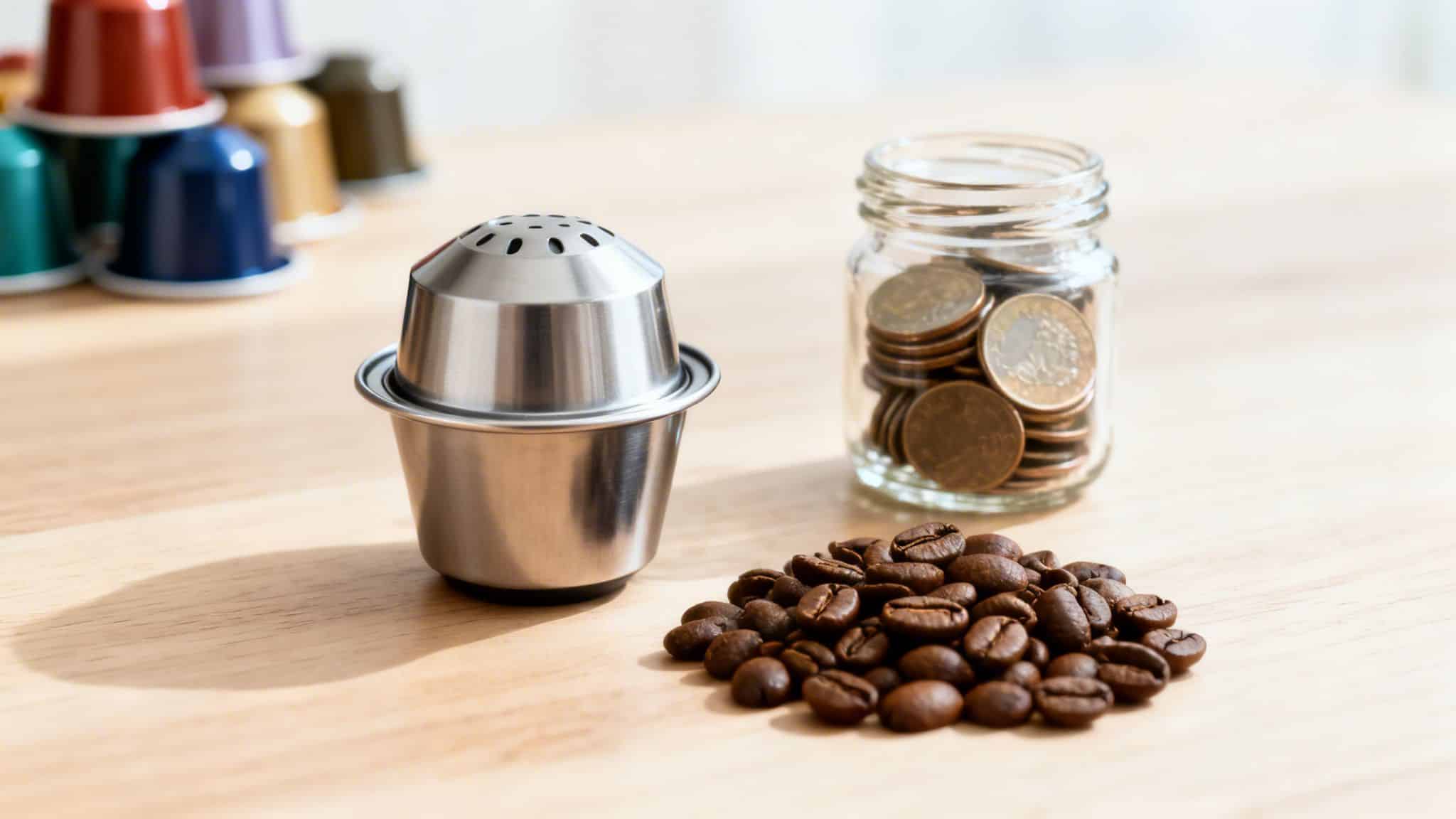 Reusable metal coffee pod, coffee beans, and coins, symbolizing cost savings and eco-friendly choices.