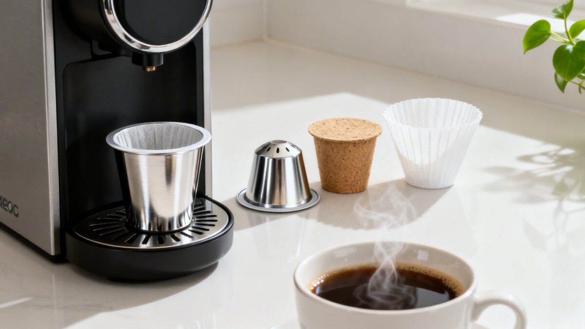 Reusable K-Cup filter next to a Keurig coffee maker and a steaming cup of coffee.