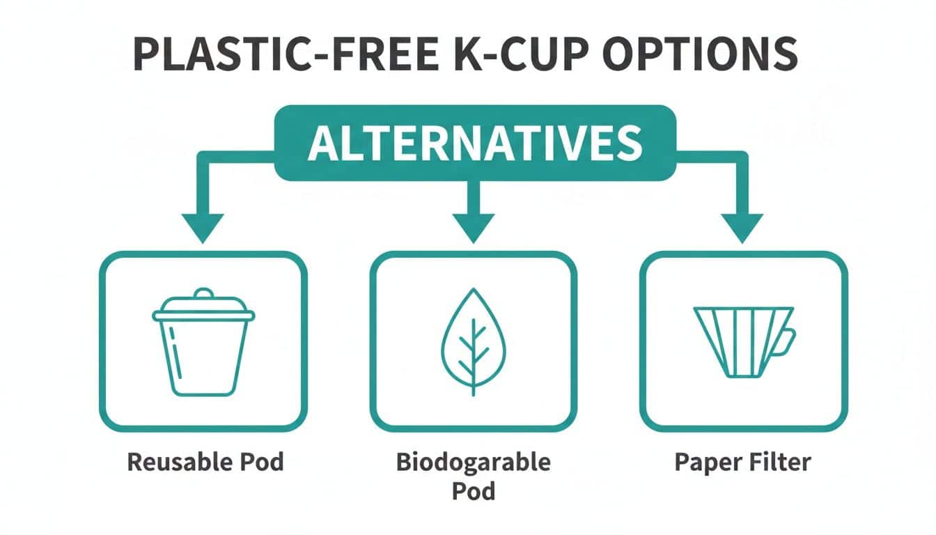 Diagram showing three plastic-free K-cup alternatives: reusable pod, biodegradable pod, and paper filter.