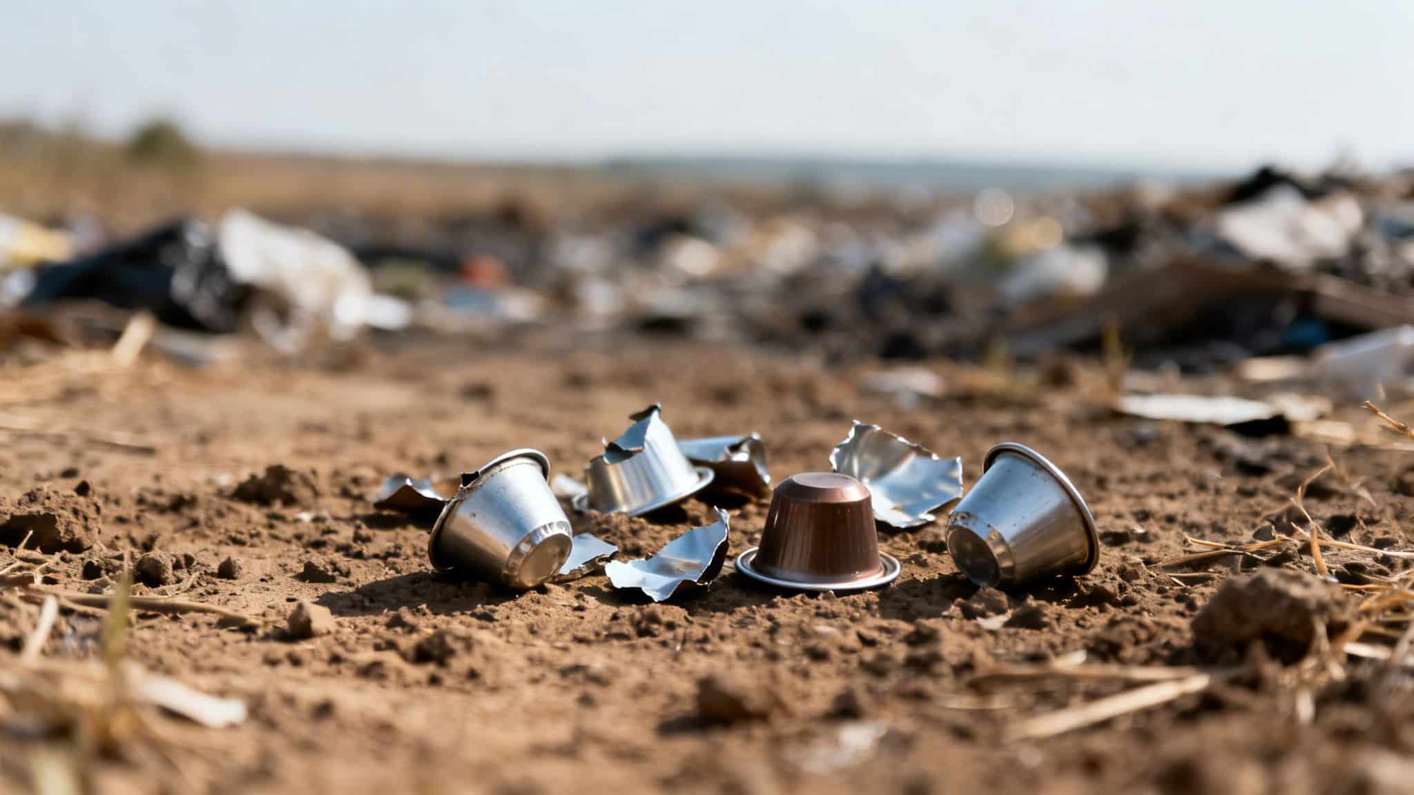 Close-up of metallic and brown broken coffee capsules scattered on dry, dusty ground amidst a blurry landfill.