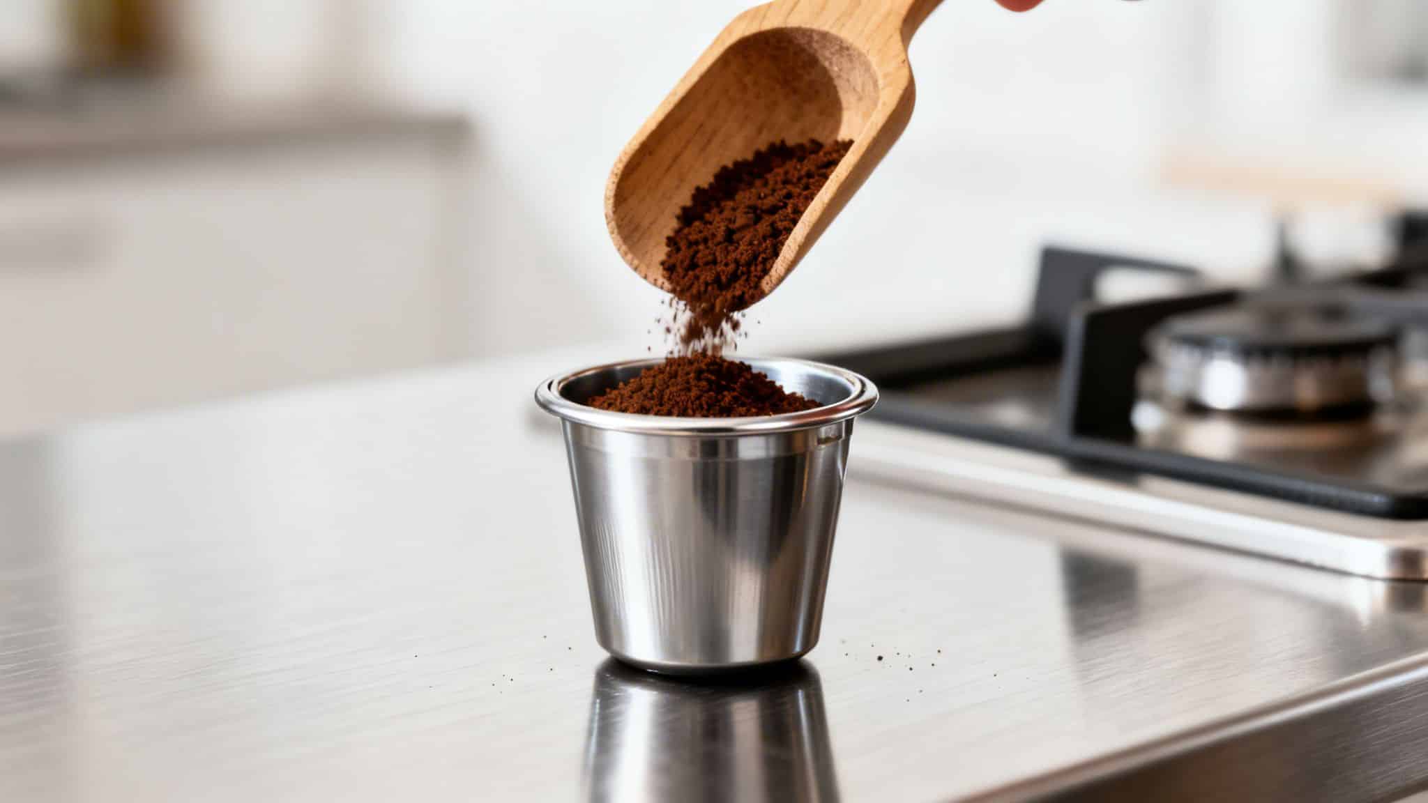 Coffee grounds are poured from a wooden scoop into a reusable stainless steel coffee capsule.