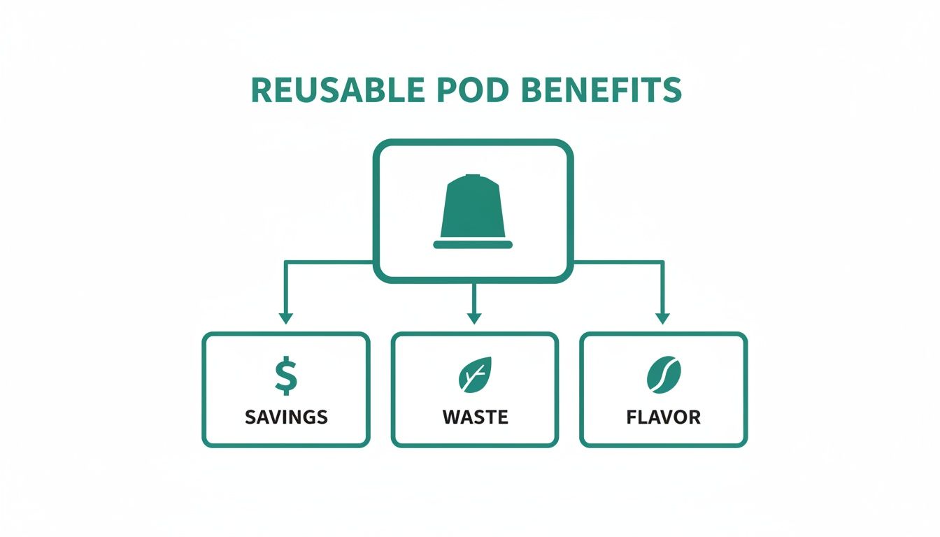 A flowchart showing the benefits of reusable coffee pods: savings, reduced waste, and enhanced flavor.