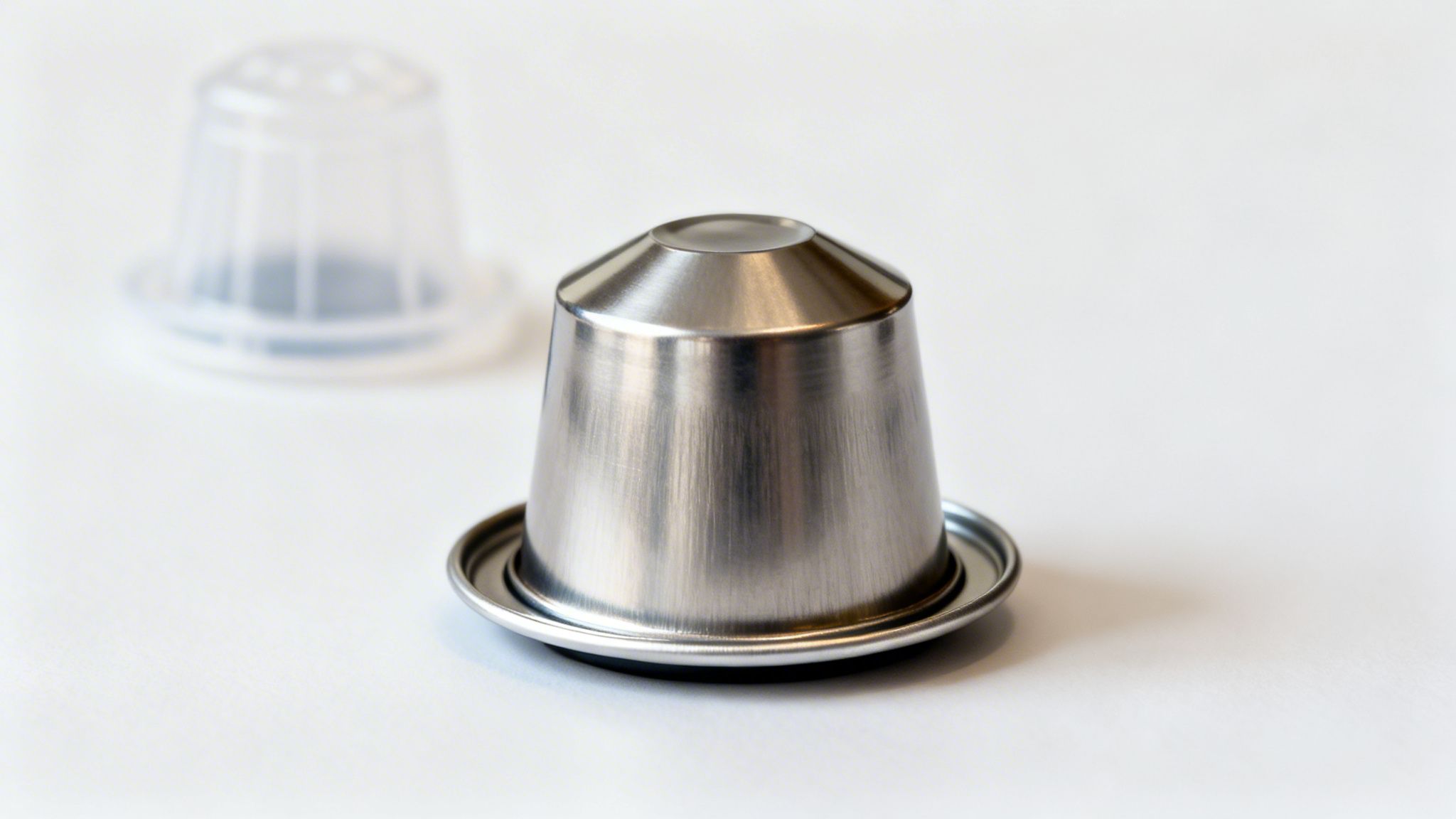 A gleaming refillable stainless steel coffee capsule next to a blurred disposable transparent one on a white surface.