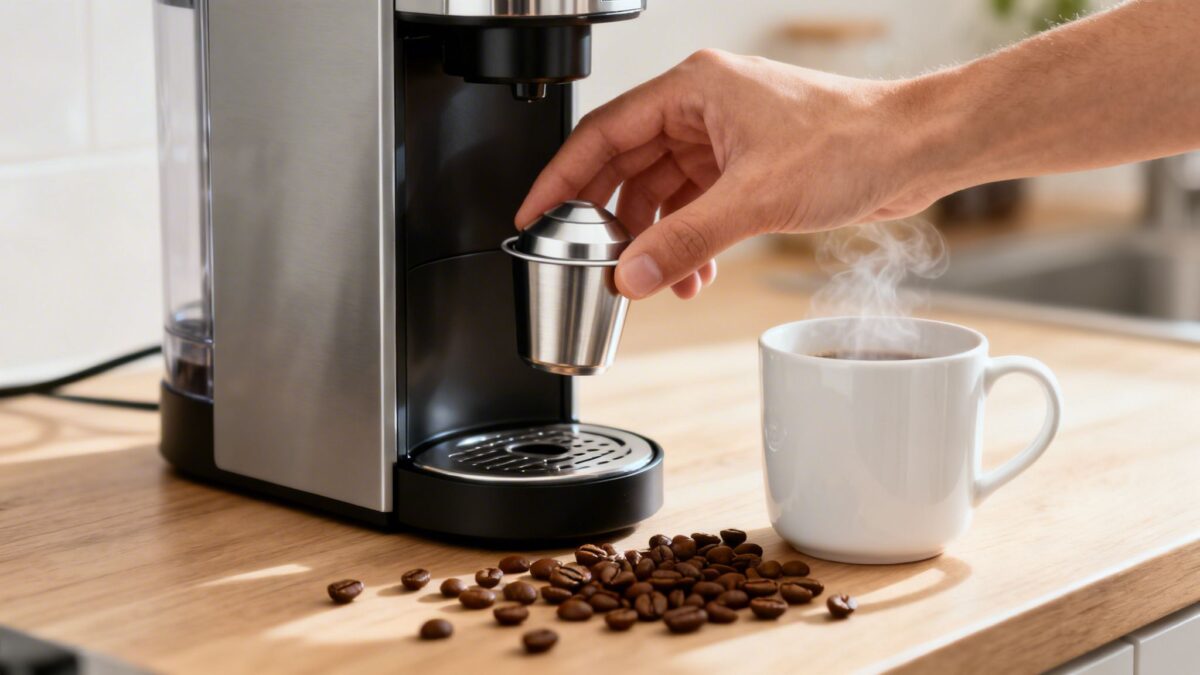 Hand inserting reusable coffee pod into single-serve coffee maker on wood countertop with coffee beans and a mug.