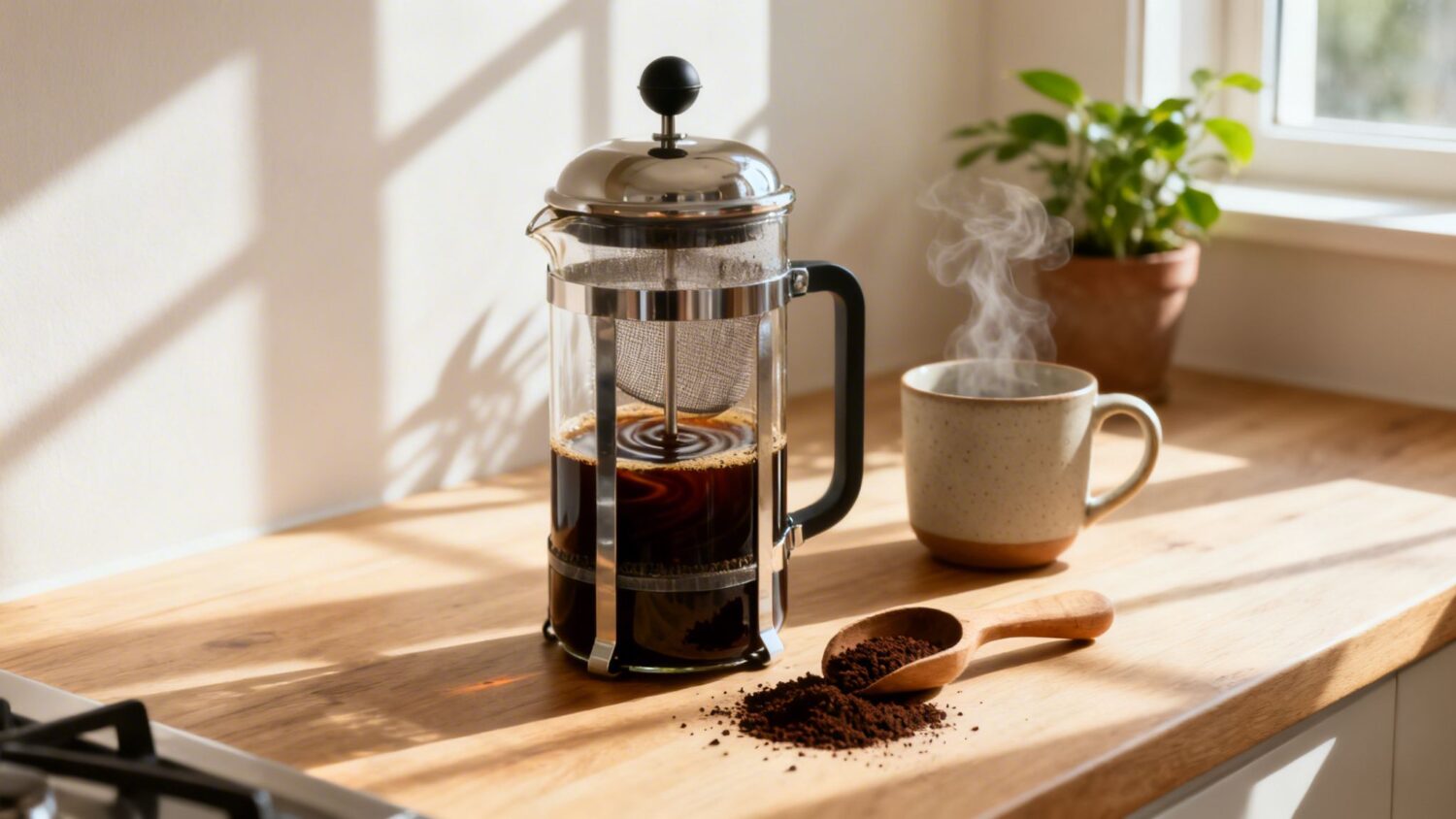 French press coffee maker, mug with steaming coffee, and coffee grounds on a wooden countertop.