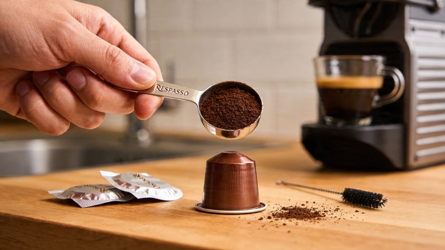 Filling a reusable Nespresso pod with coffee grounds, espresso machine in background.