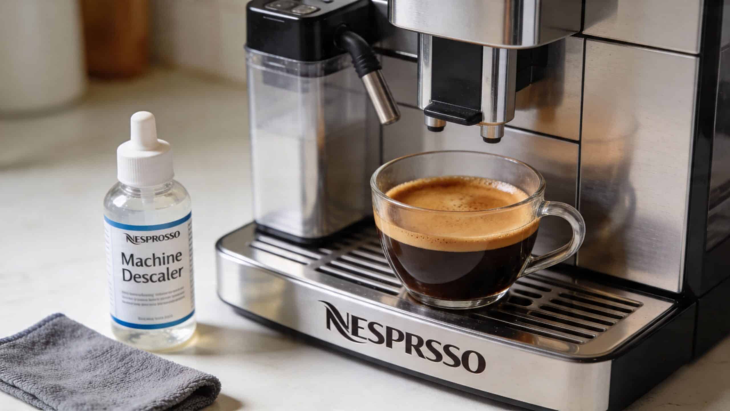 A Nespresso coffee machine with a freshly brewed cup of coffee and a bottle of descaler nearby.