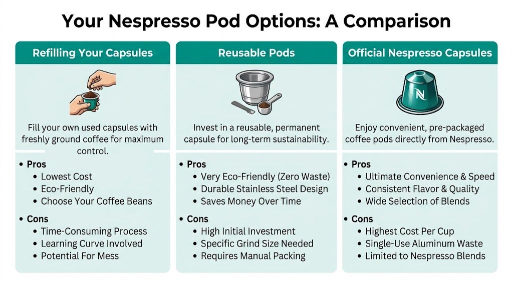A comparison chart showing the pros and cons of refilling Nespresso capsules, using reusable pods, and official capsules.