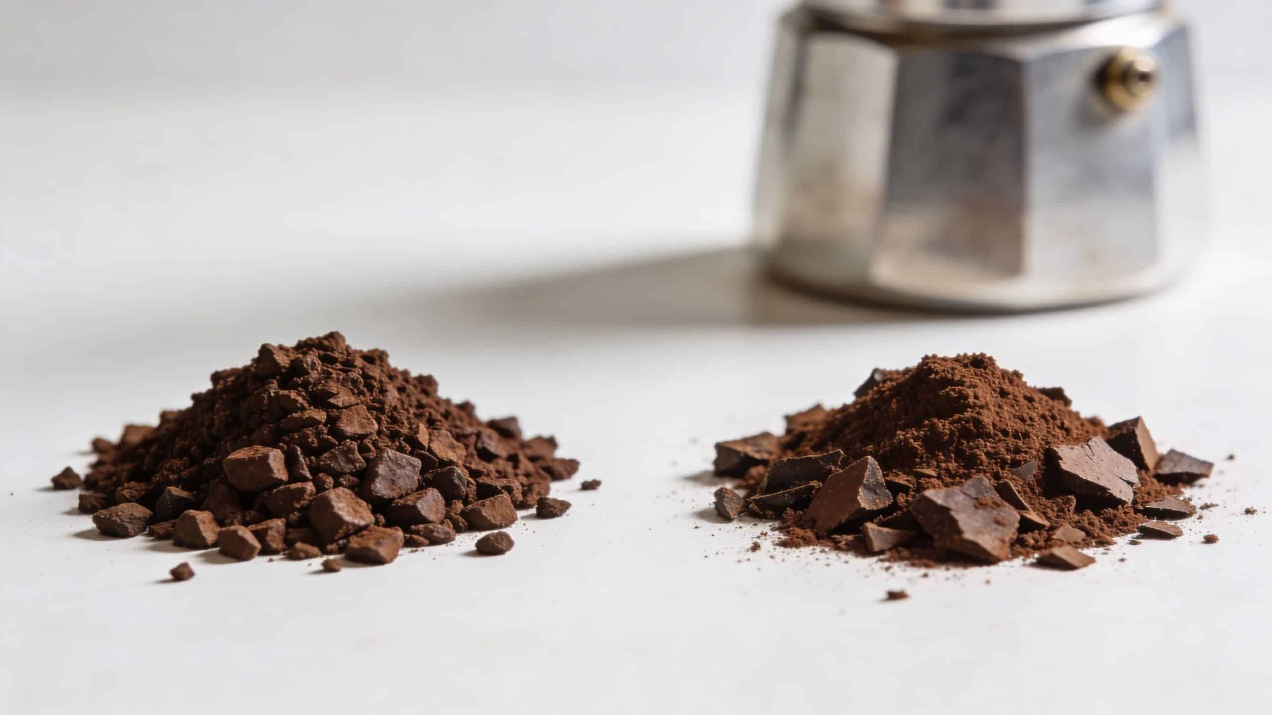 A pile of coarse coffee grounds next to fine coffee powder with pieces of dark chocolate shavings.