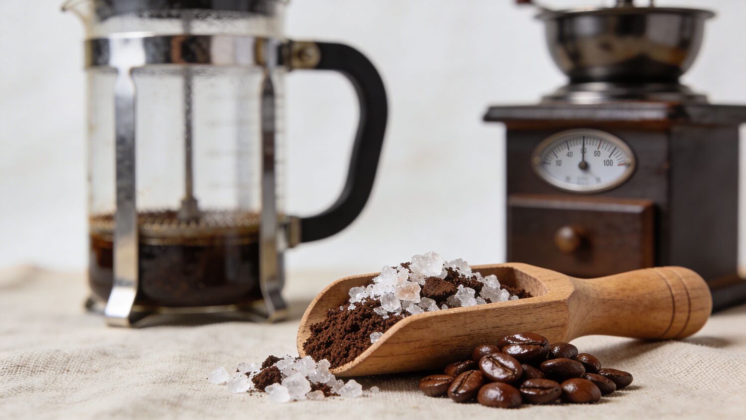 French press coffee with grinder, beans, and sugar in a wooden scoop.