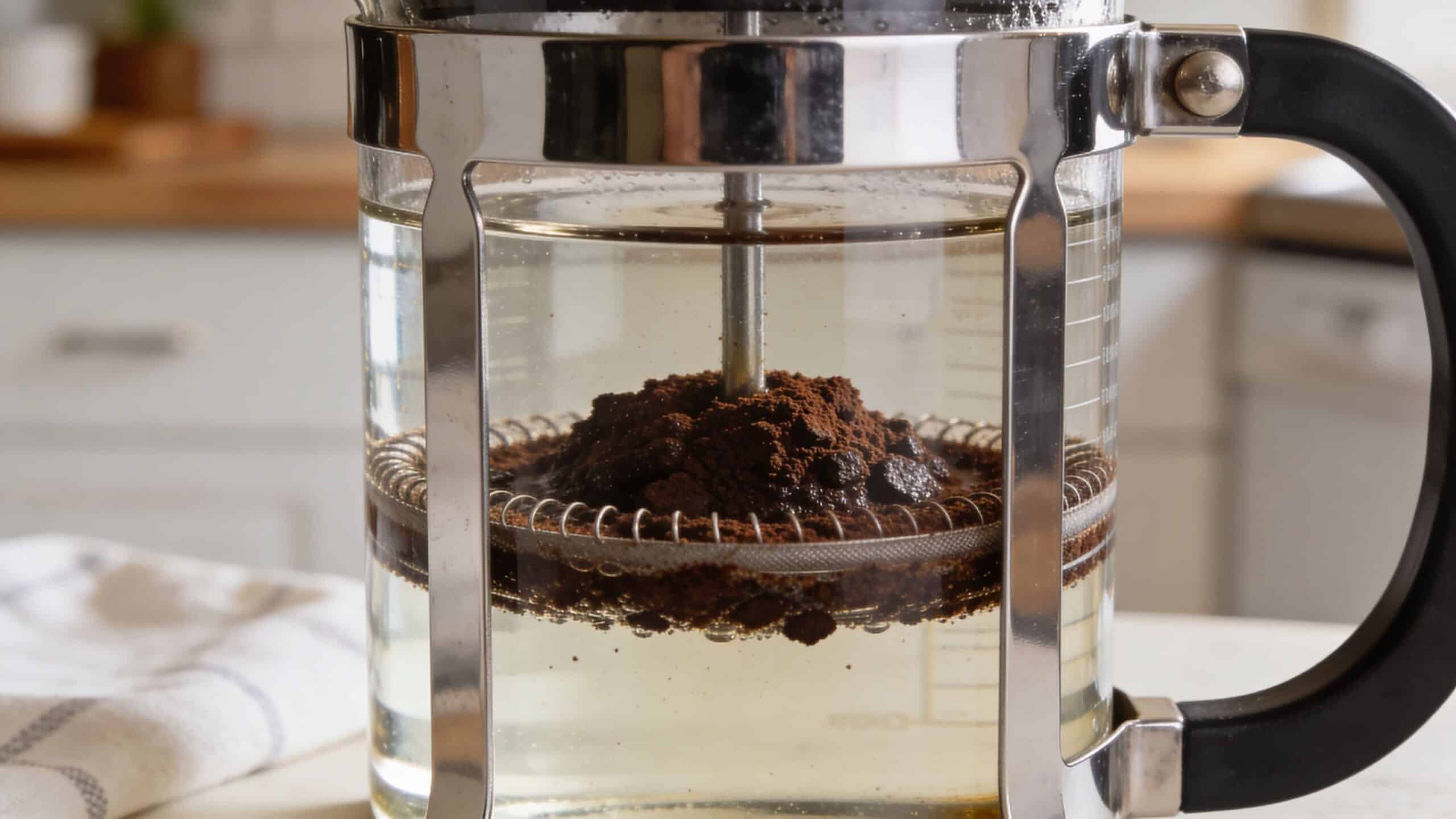 A close-up view of a French press coffee maker with coffee grounds resting on the plunger mesh.