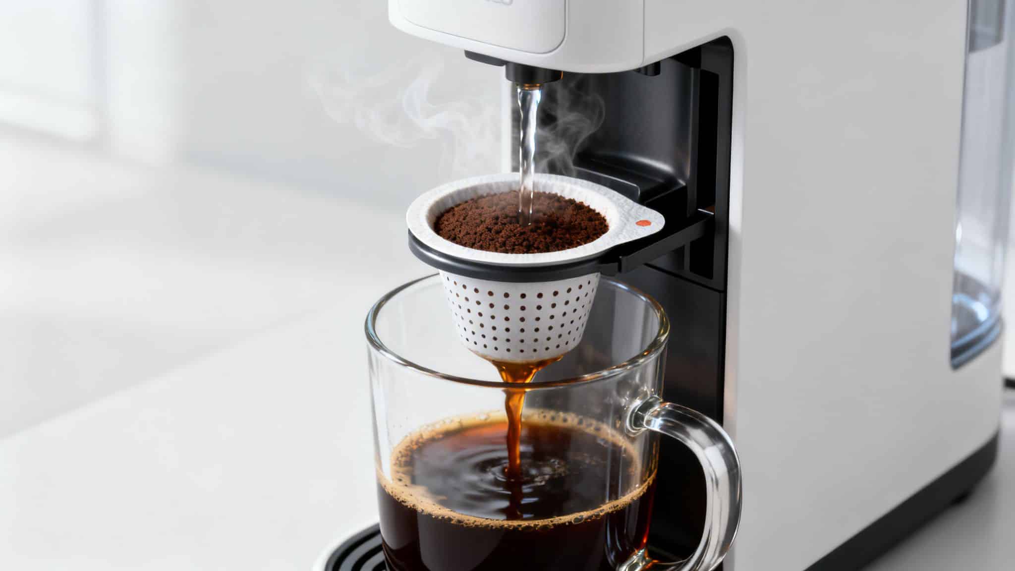 Coffee machine brewing fresh coffee from a K-cup into a clear glass mug, with steam.