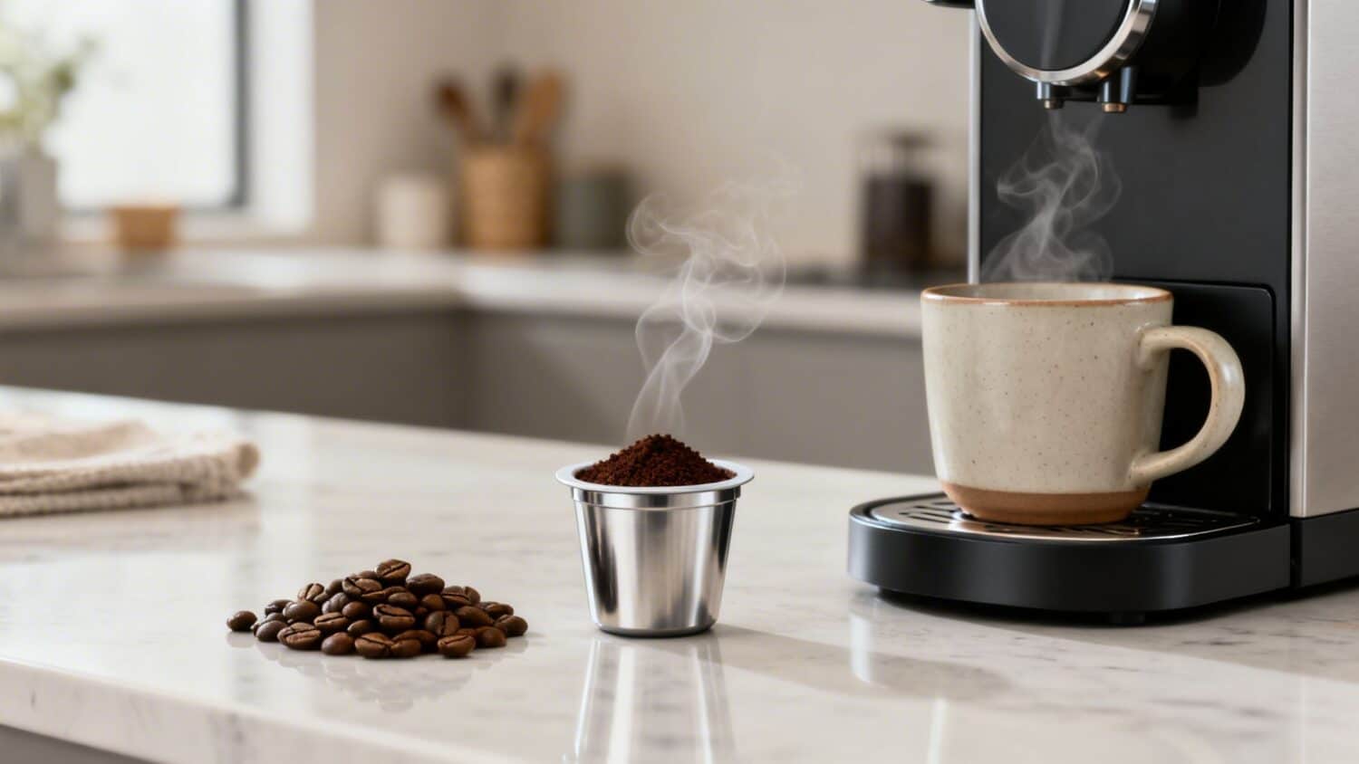 Coffee beans, reusable pod, and steaming cup on a modern espresso machine.
