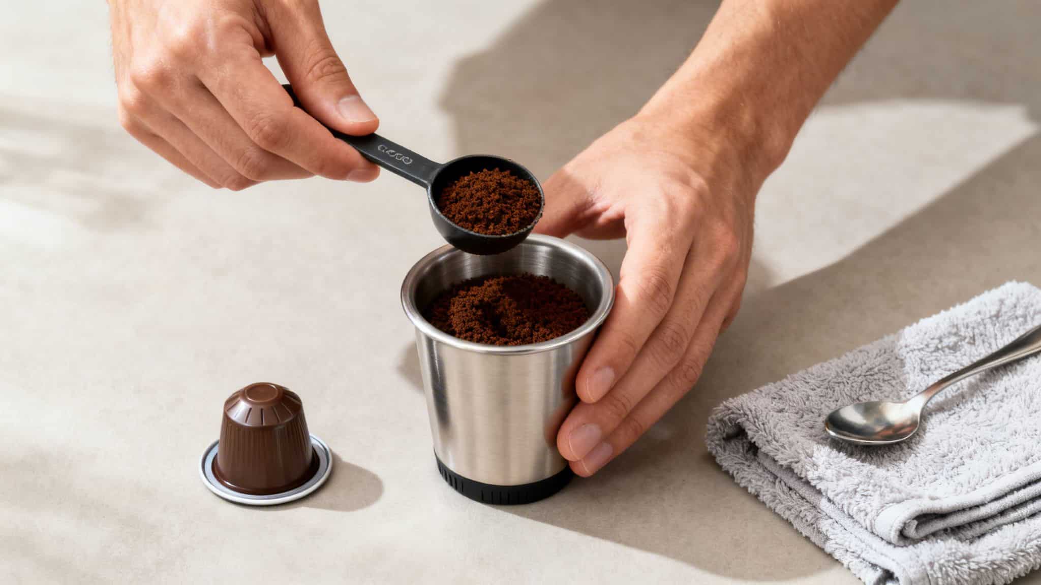 A person's hands are shown scooping ground coffee into a reusable K-cup for brewing.