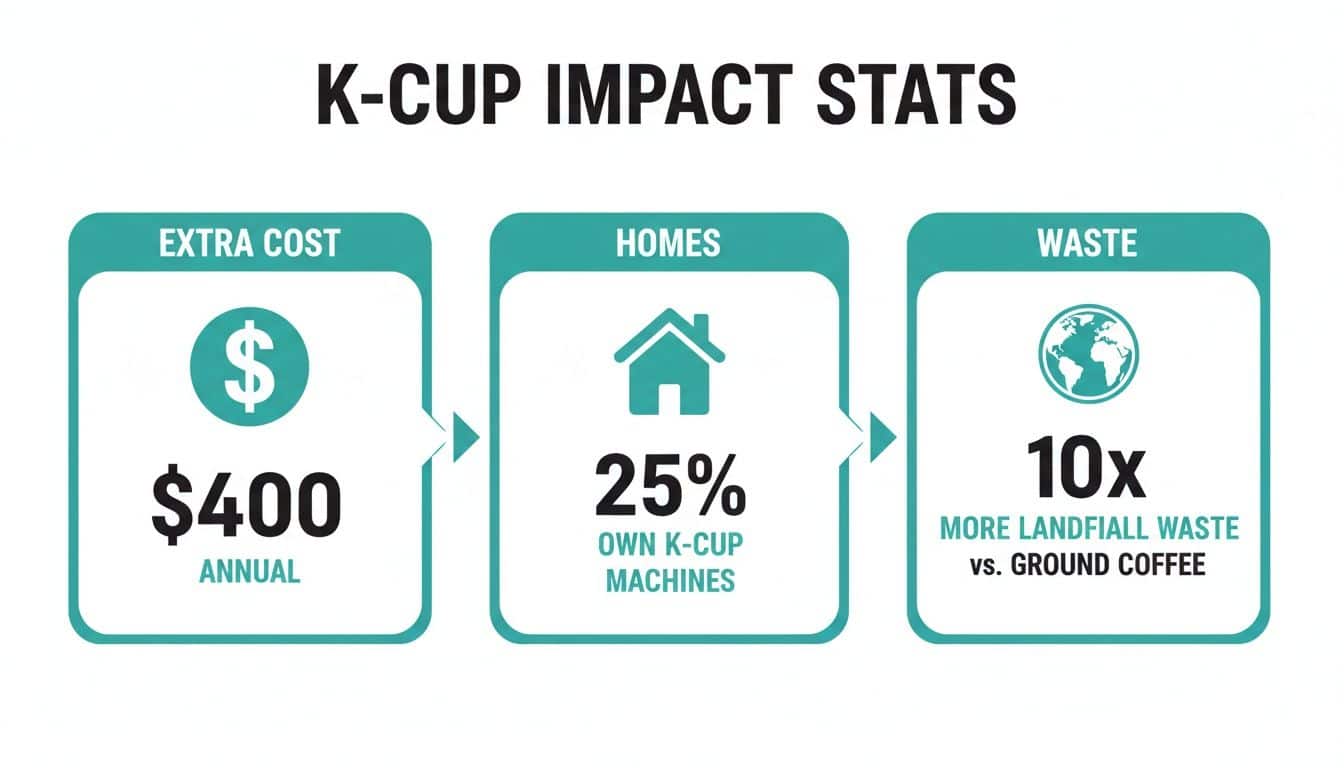 Infographic showing K-Cup impact statistics: $400 annual extra cost, 25% of homes own K-Cup machines, and 10 times more landfill waste.