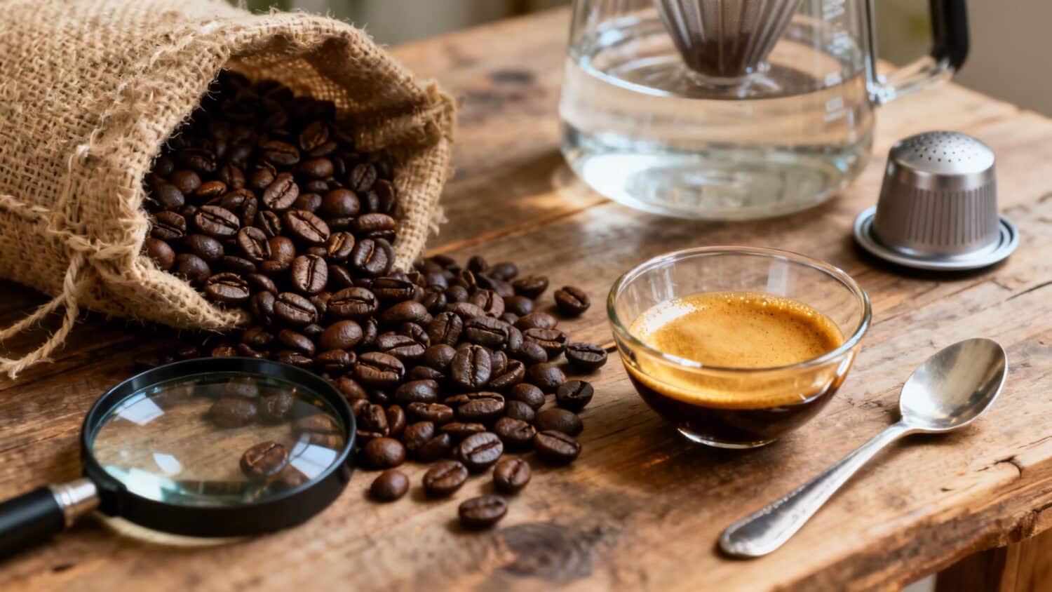 Coffee beans spilling from burlap sack with espresso and magnifying glass.