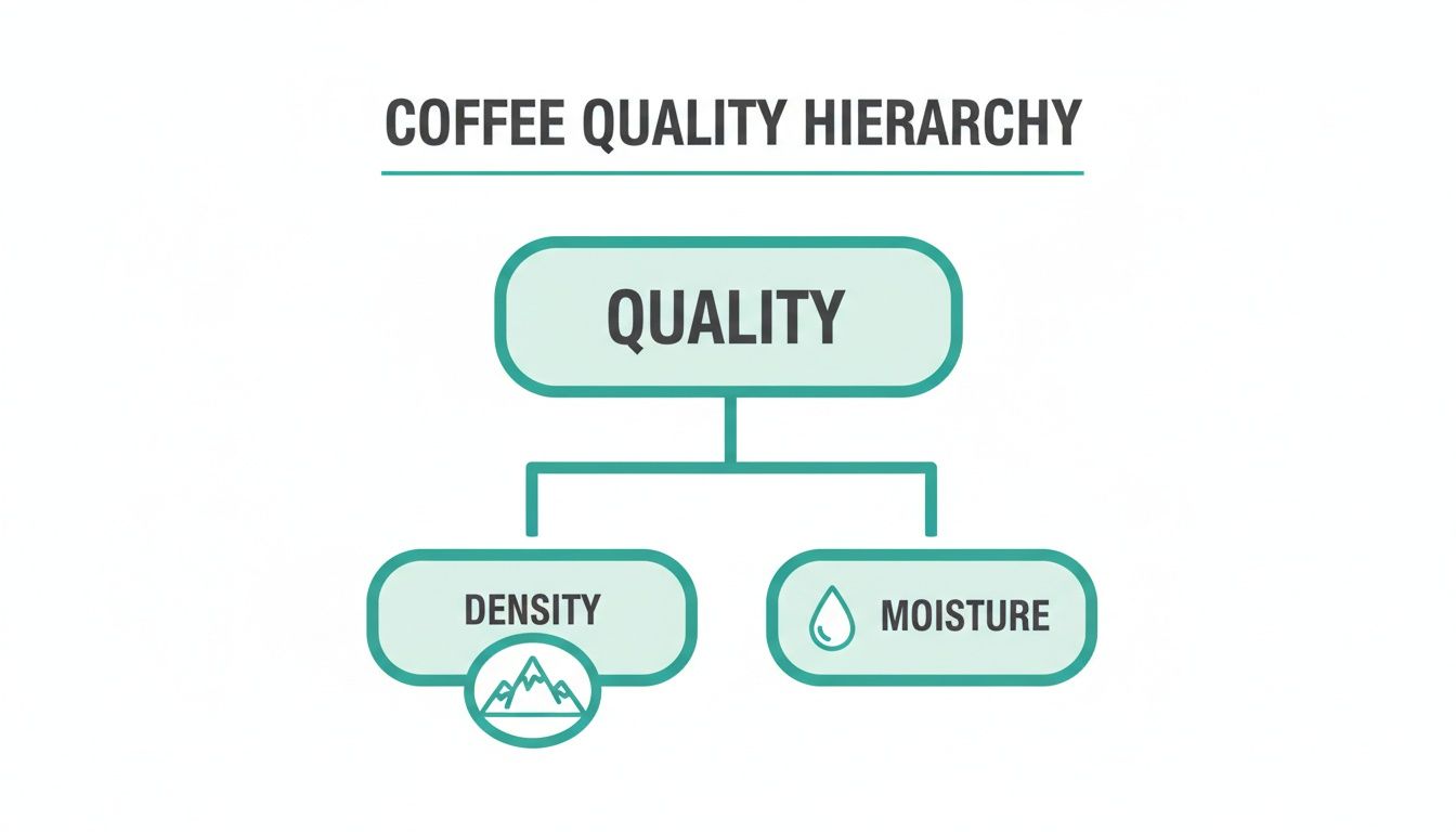 A hierarchical chart illustrating coffee quality, showing density and moisture as key factors.