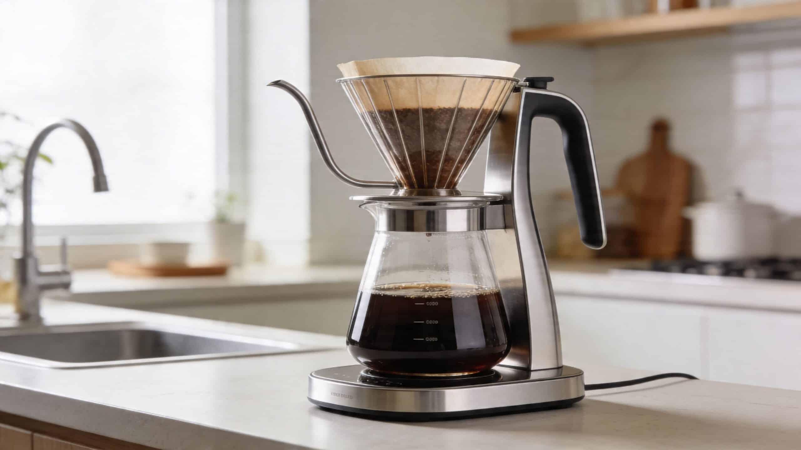 A sleek modern pour over coffee maker brewing fresh coffee in a bright contemporary home kitchen.