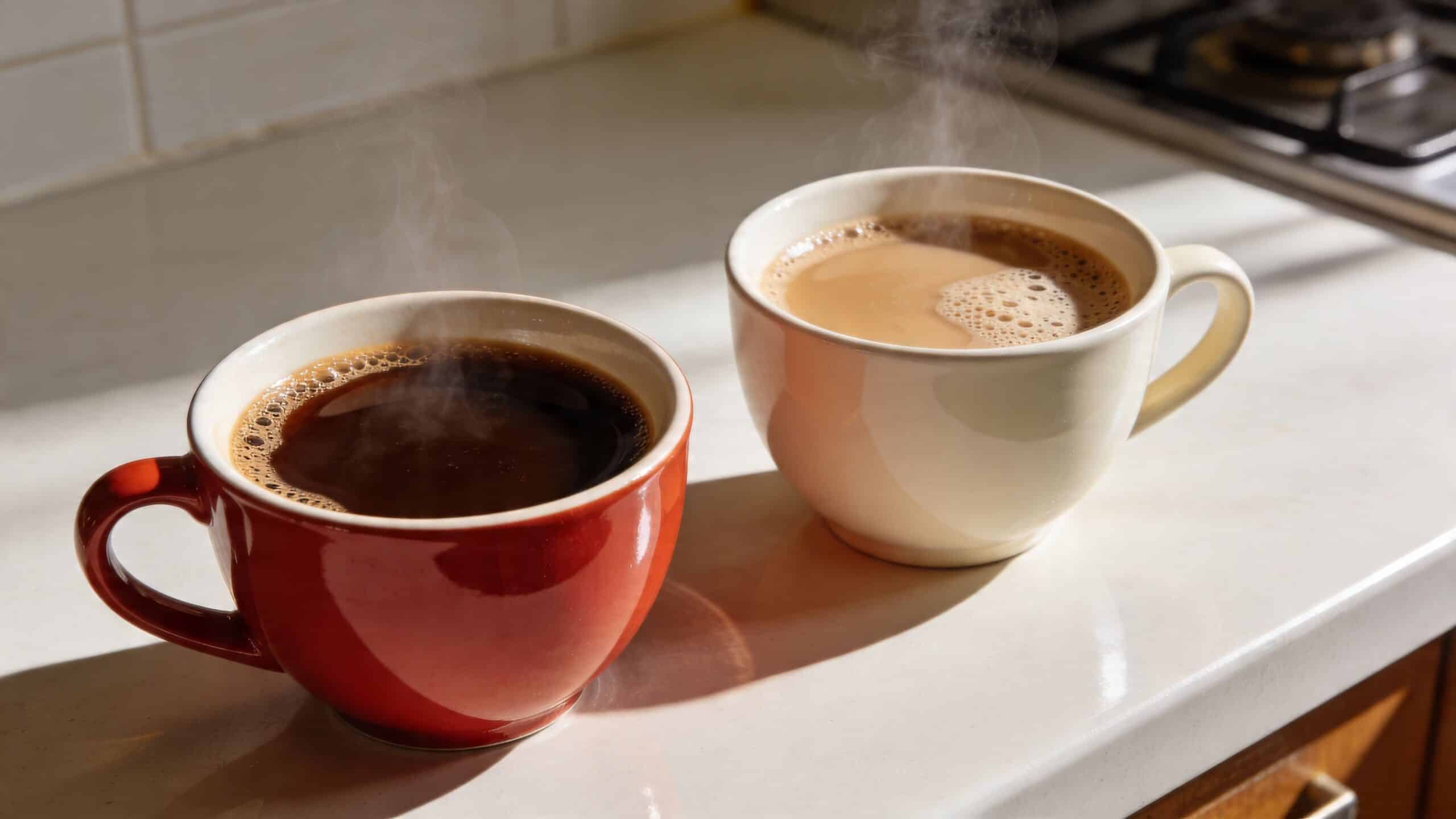 A red mug of black coffee and a white mug of milky coffee steaming on a counter.