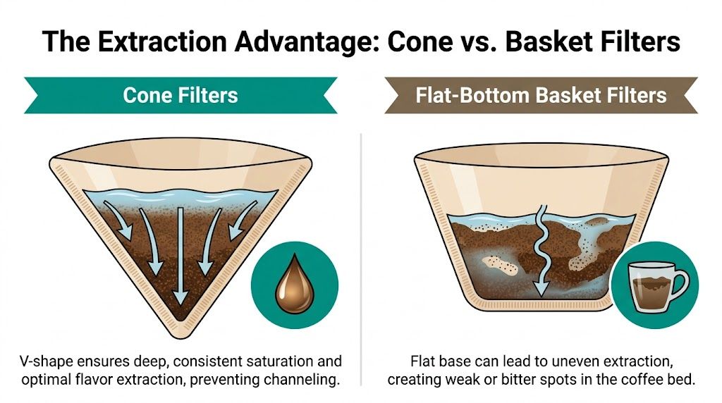 A diagram comparing cone and flat-bottom coffee filters to illustrate the difference in extraction and coffee consistency.