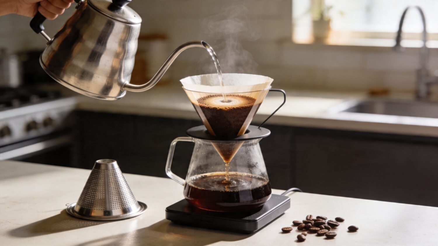 Pour-over coffee brewing with kettle, filter, and carafe on a kitchen counter with coffee beans.