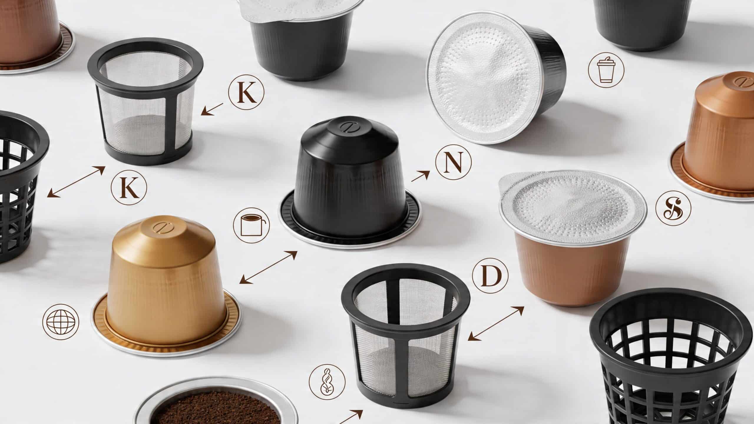Various coffee capsules and reusable filter inserts arranged on a white surface for coffee machines.