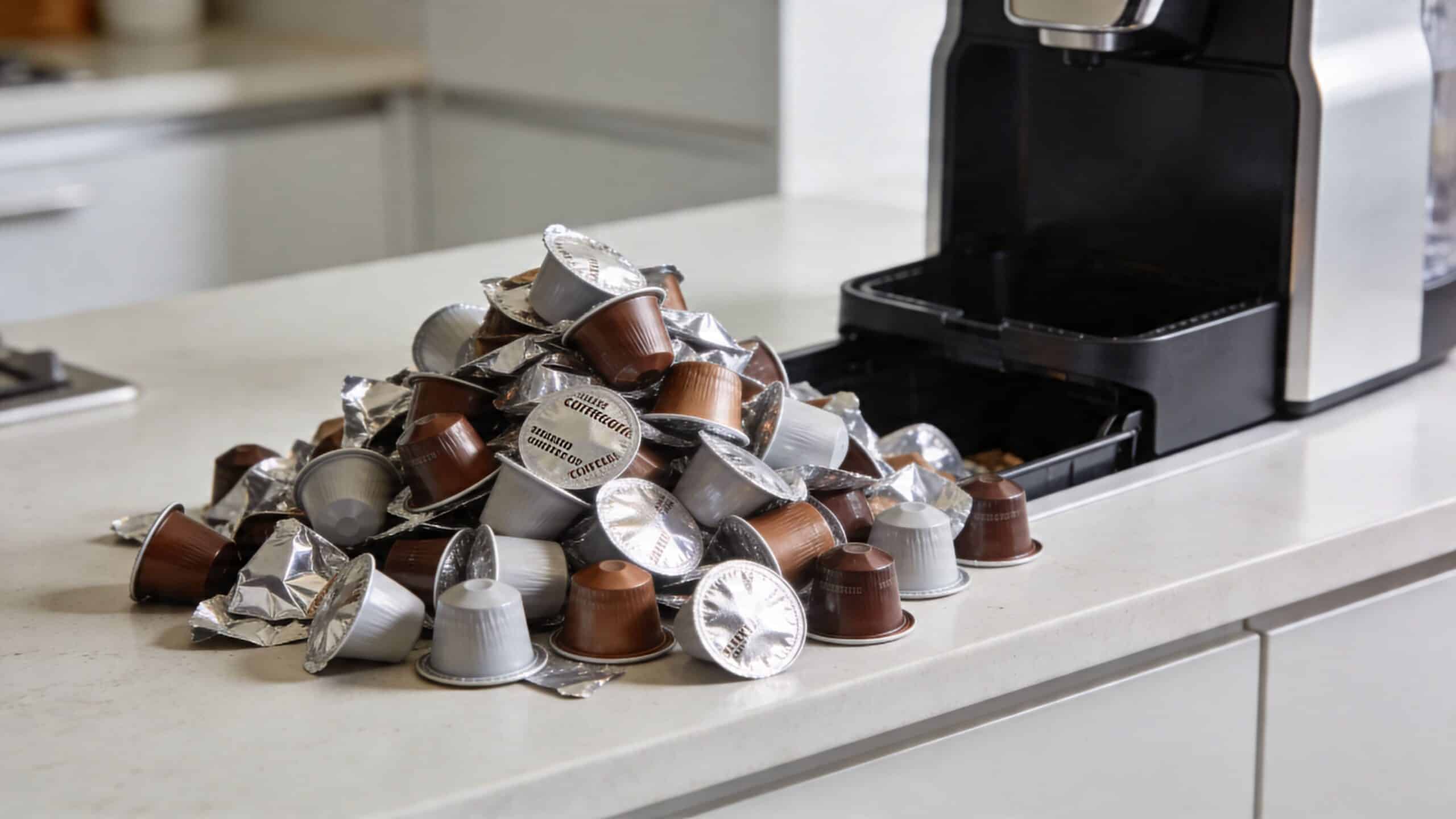 A large pile of used coffee pods sits on a kitchen counter next to a coffee machine.