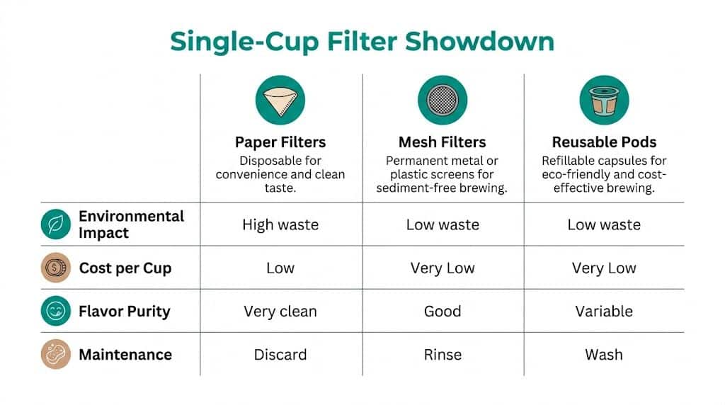 A comparison chart showing the environmental impact, cost, flavor, and maintenance of paper filters, mesh filters, and reusable coffee pods.