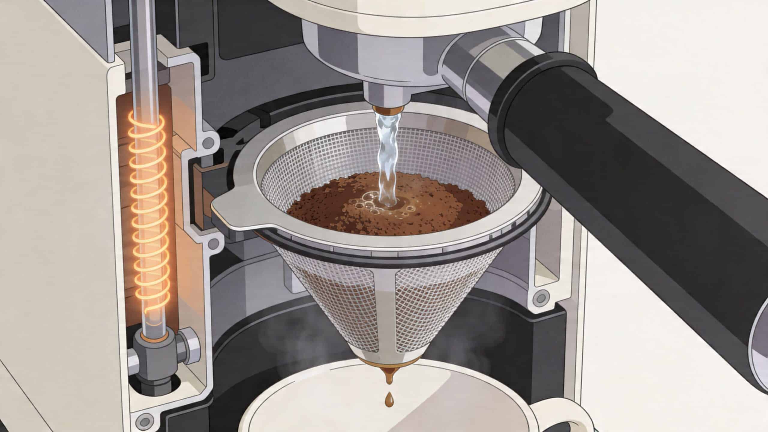 A cross-section illustration of an espresso machine brewing coffee into a cup through a mesh filter.