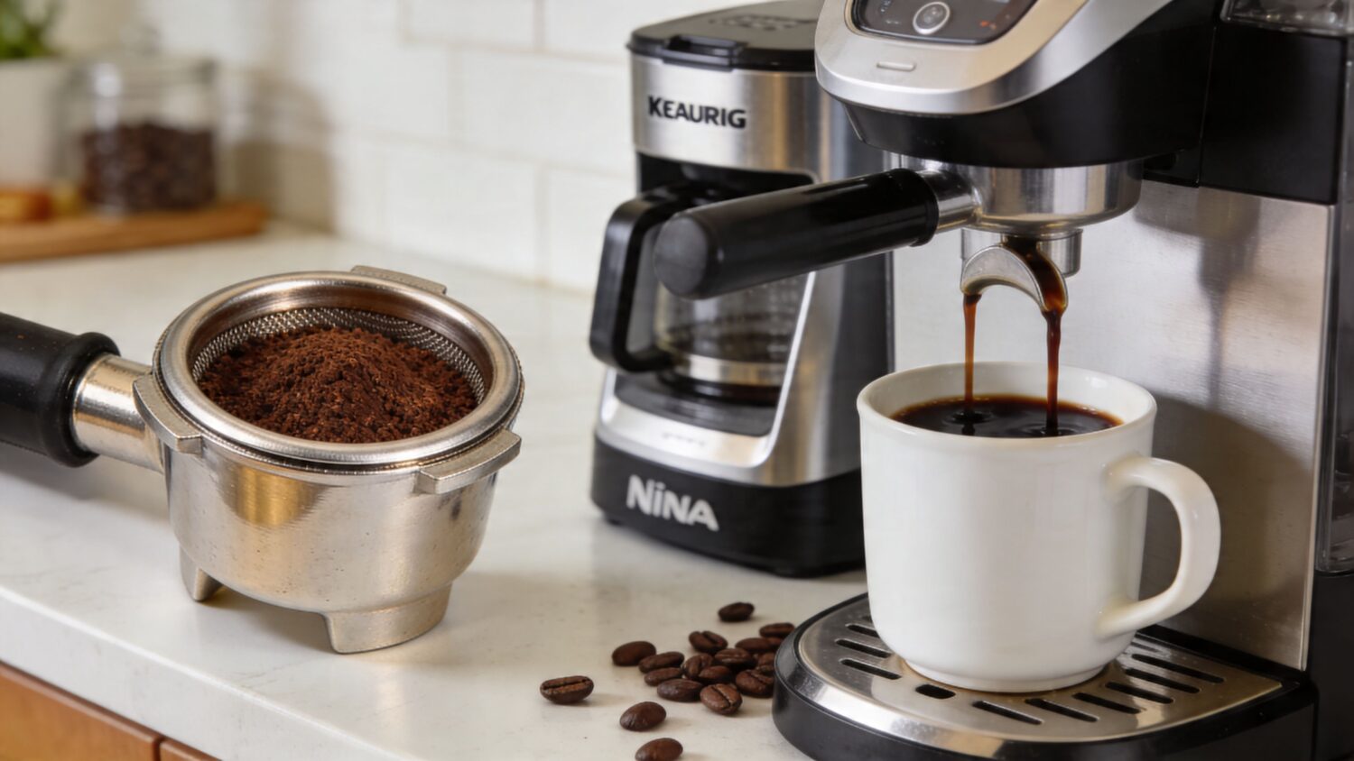 Keurig coffee machine brewing coffee into a white mug with coffee beans