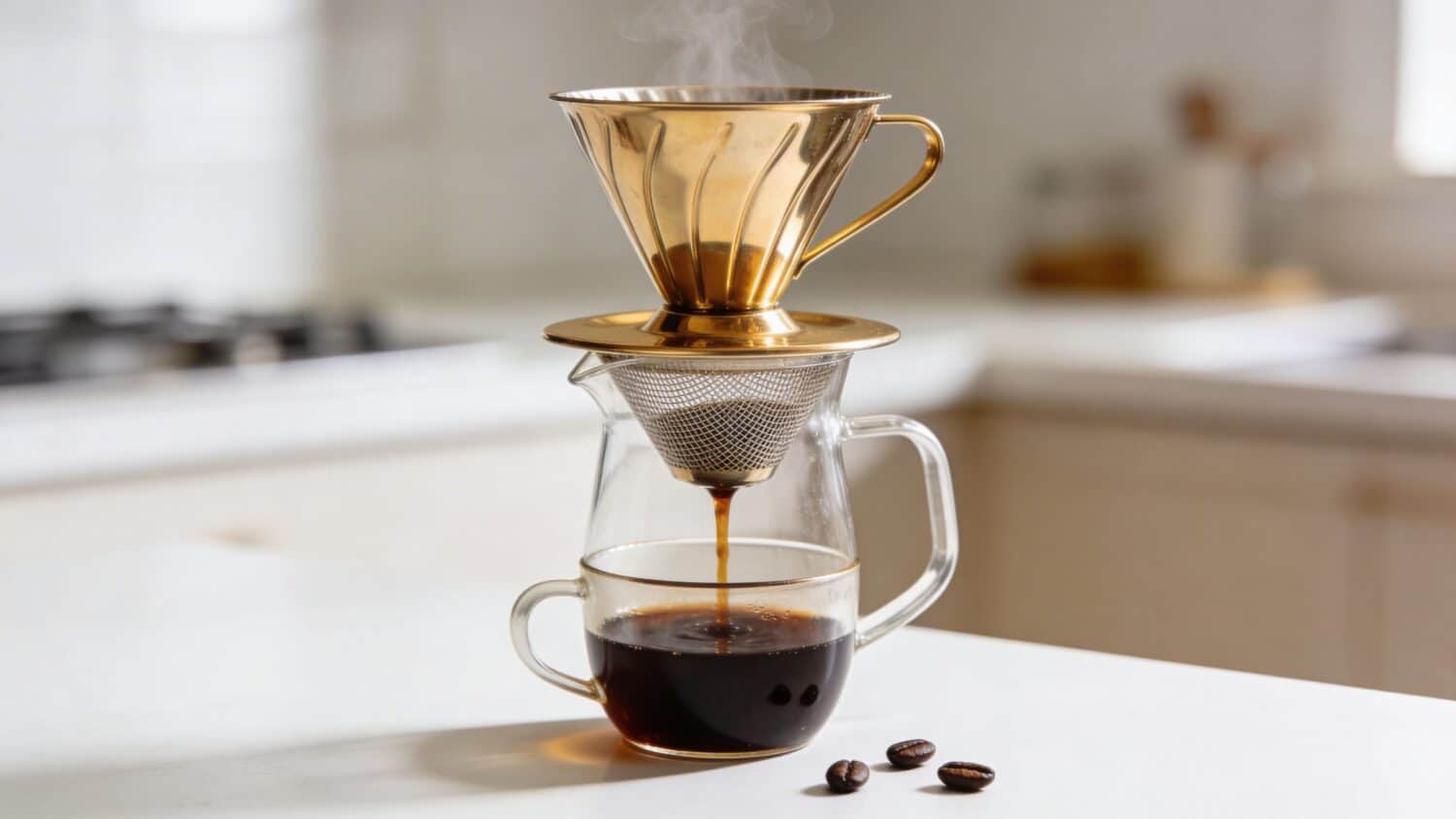 Pour-over coffee brewing with a gold filter and glass carafe, coffee beans on the counter.