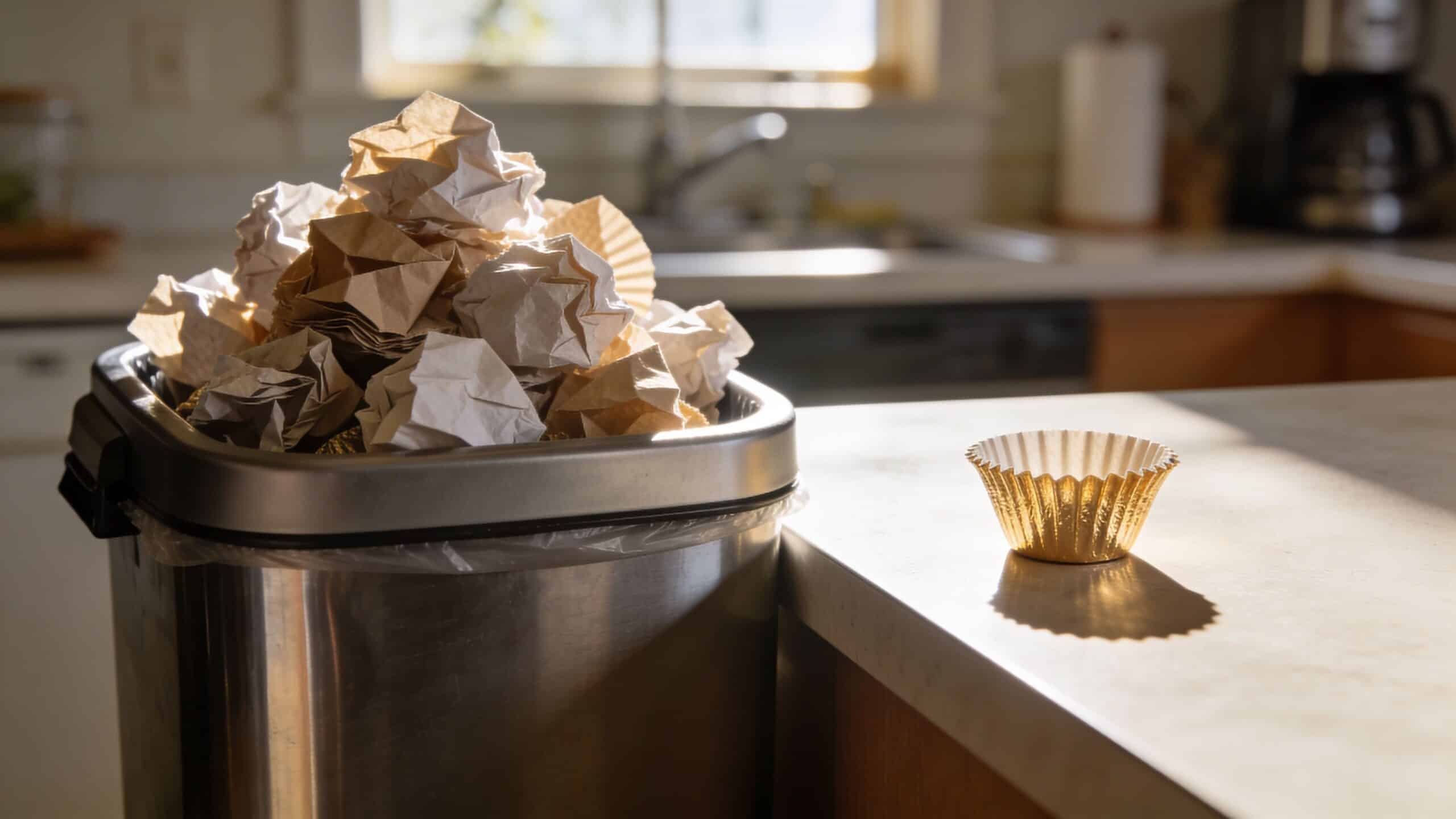 A stainless steel trash bin filled with crumpled coffee filters next to a single gold filter.