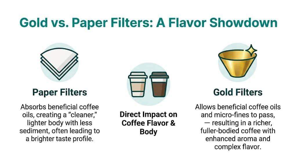 An infographic comparing paper coffee filters and gold filters, illustrating their impact on coffee flavor and body.