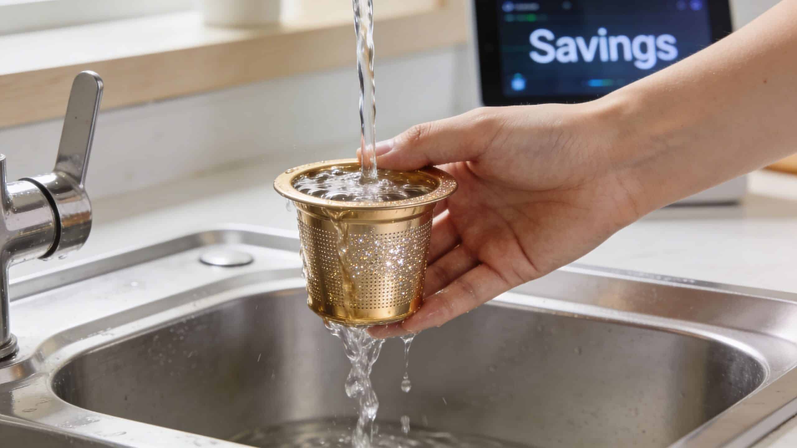 A hand rinses a small, fine-mesh gold coffee filter under a running kitchen faucet.